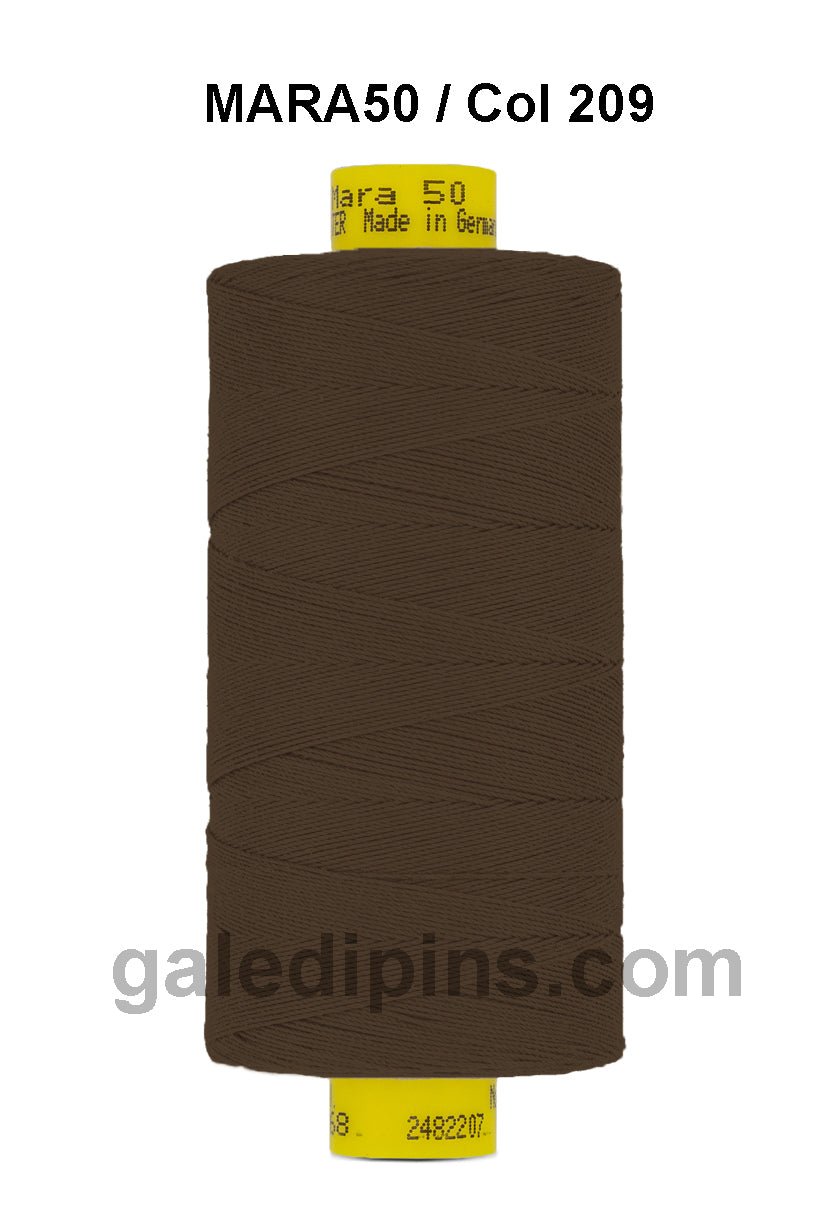 Brown Gutermann Mara 50 industrial sewing thread on a spool.