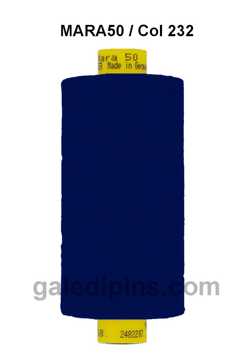 Dark blue Gutermann Mara 50 thread on a spool.