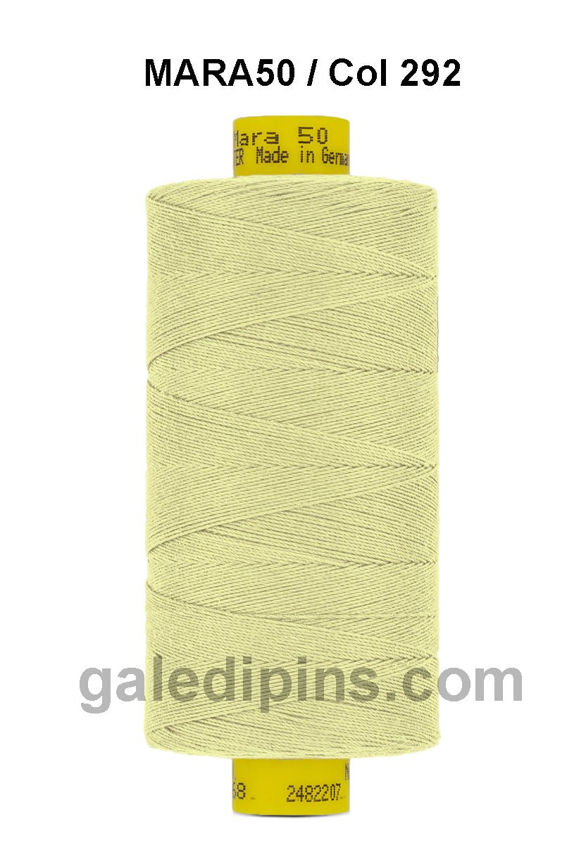 A spool of light yellow Gutermann Mara 50 thread.