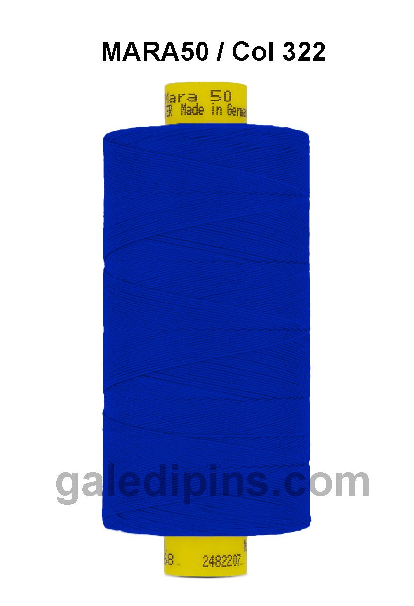 Gutermann Mara 50 blue polyester thread on a spool.
