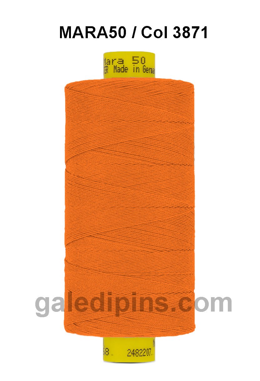 Orange spool of Gutermann Mara 50 thread with "Mara 50 Made in Germany" label.