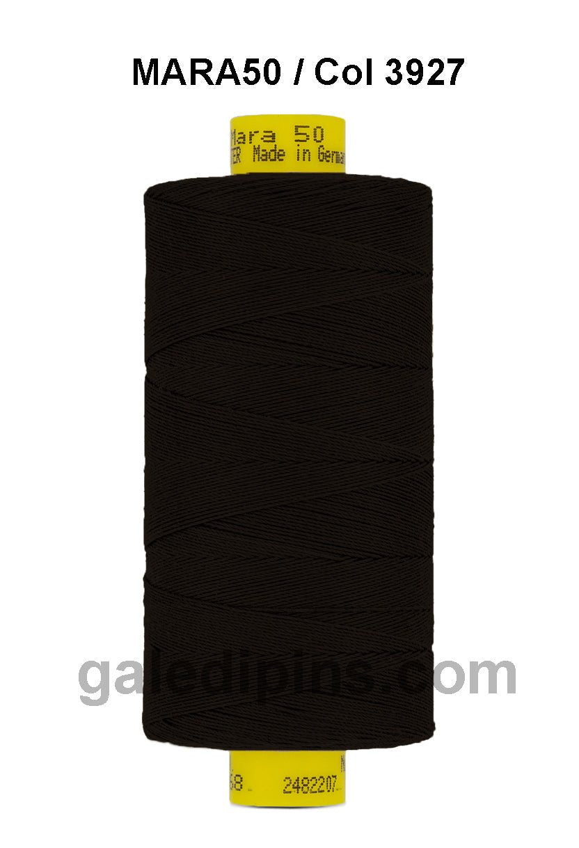 Gutermann Mara 50 black polyester thread on a spool.