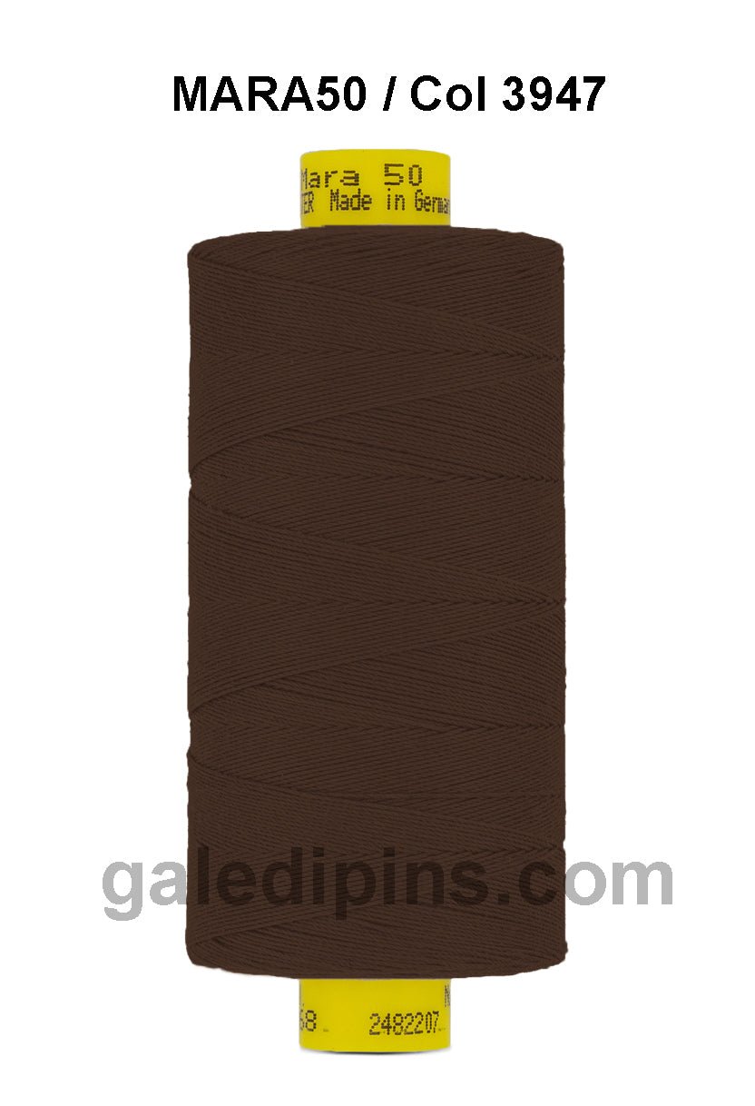 Brown Gutermann Mara 50 polyester thread on a spool.