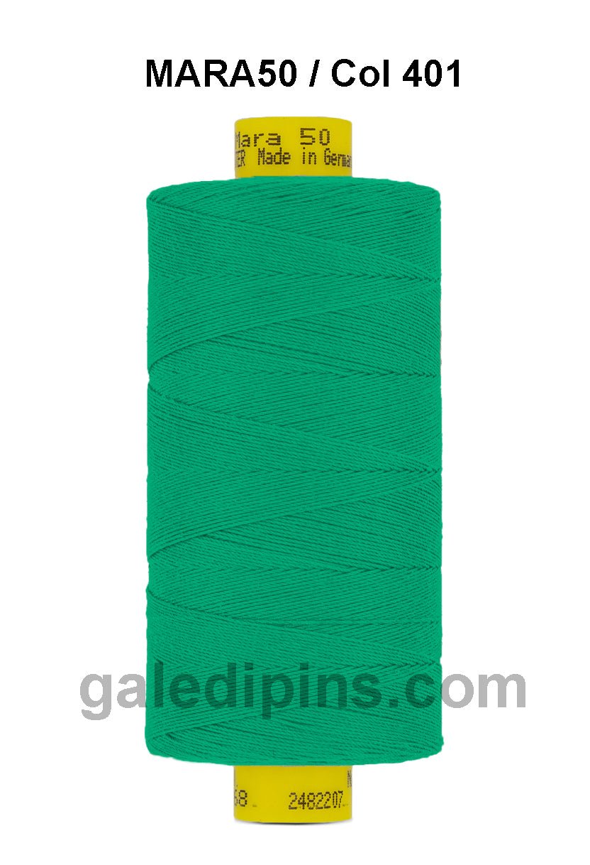 Green Gutermann Mara 50 industrial sewing thread on a spool.