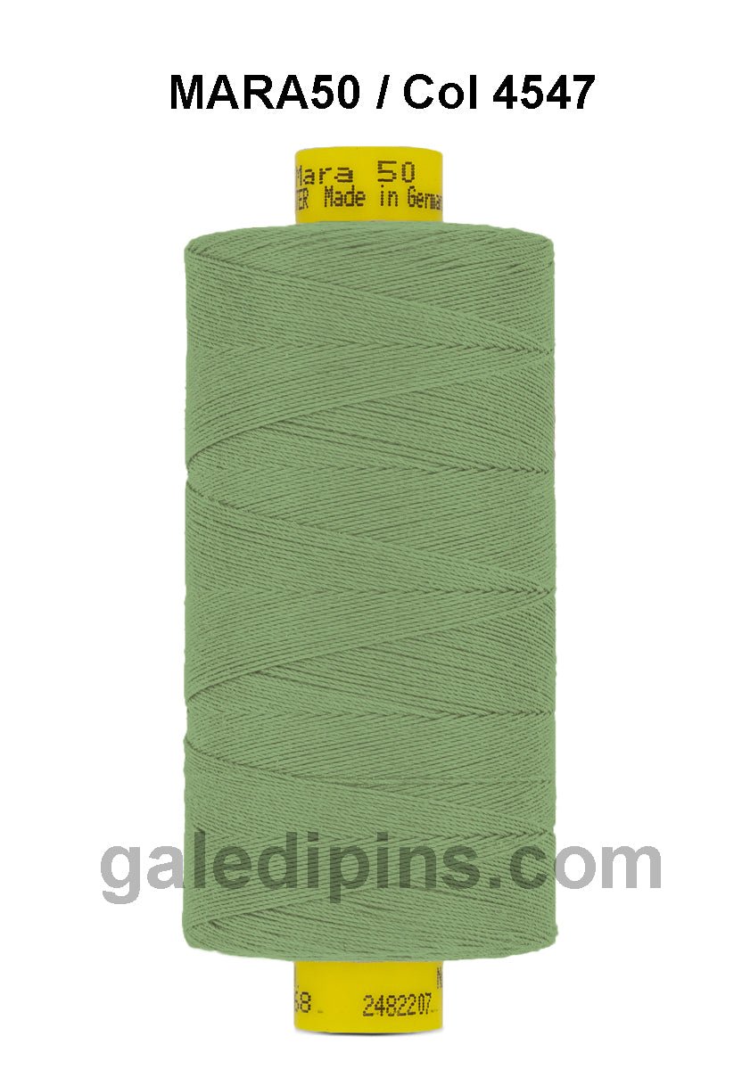 A spool of light green Gutermann Mara 50 thread.