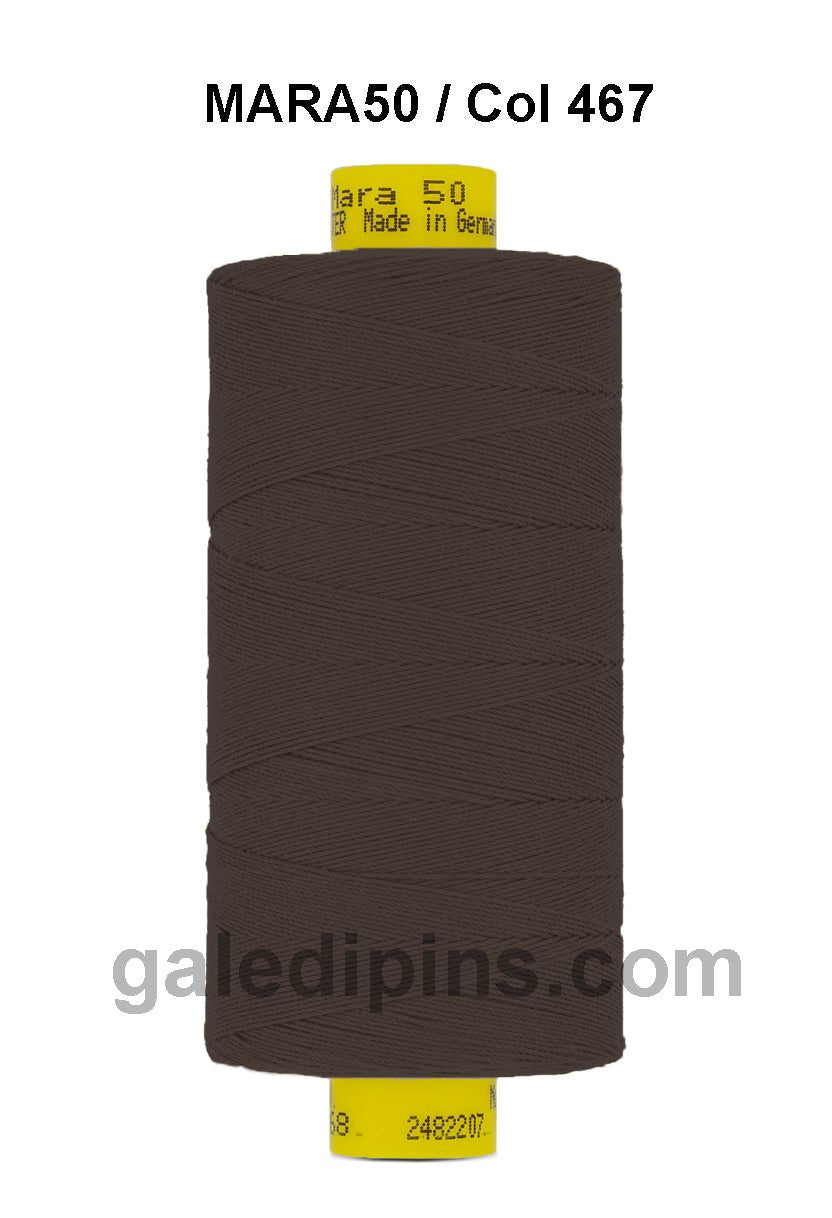 Brown Gutermann Mara 50 polyester thread on a spool.