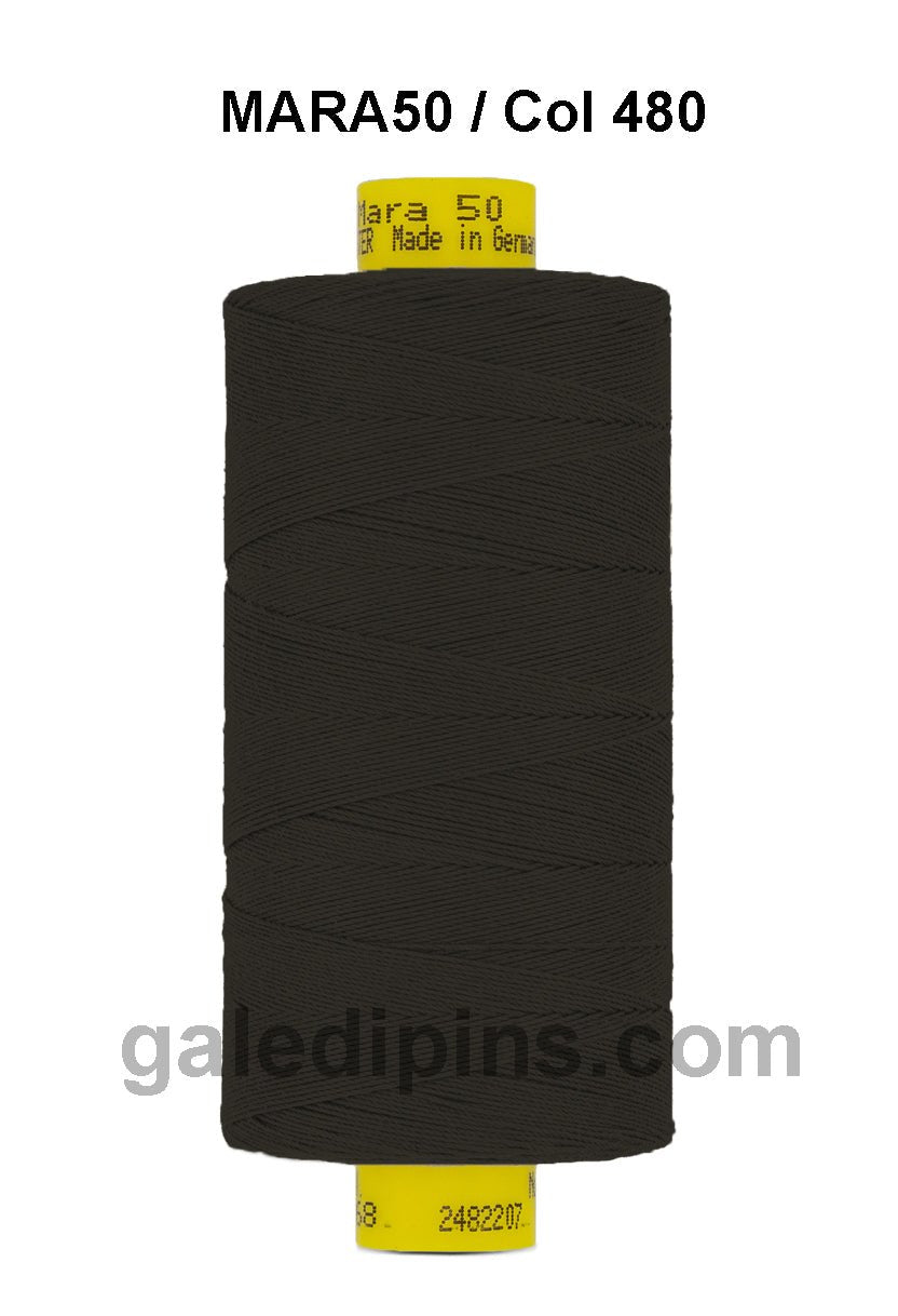 Gutermann Mara 50 black polyester sewing thread on a spool.