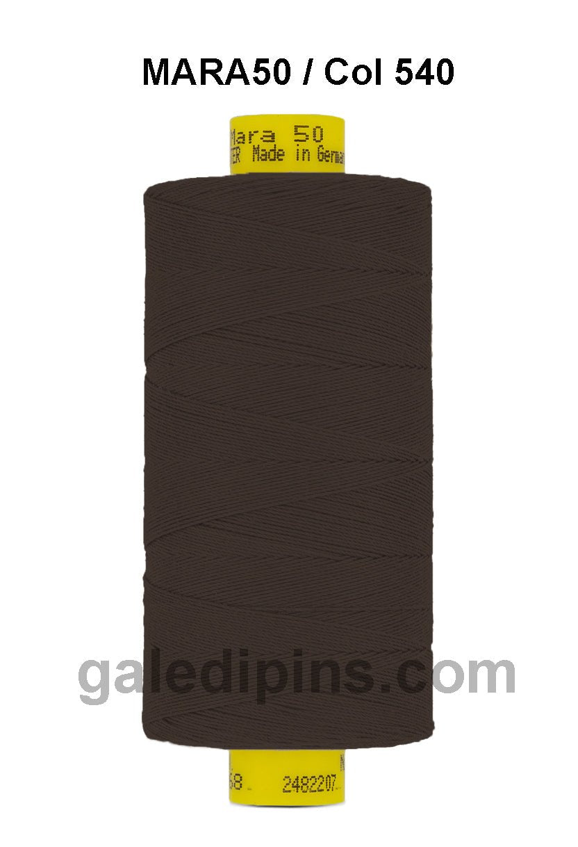 Brown Gutermann Mara 50 polyester thread on a spool.