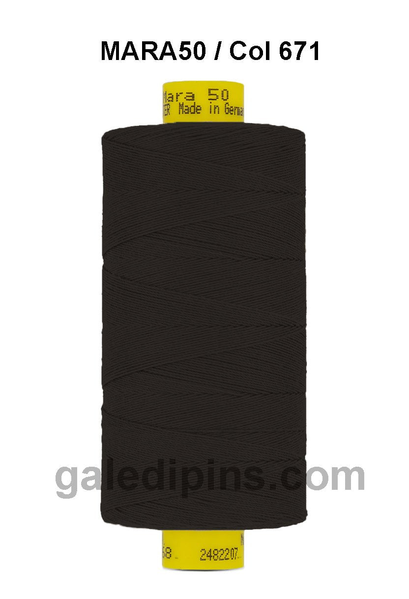 Gutermann Mara 50 black polyester thread on a spool.