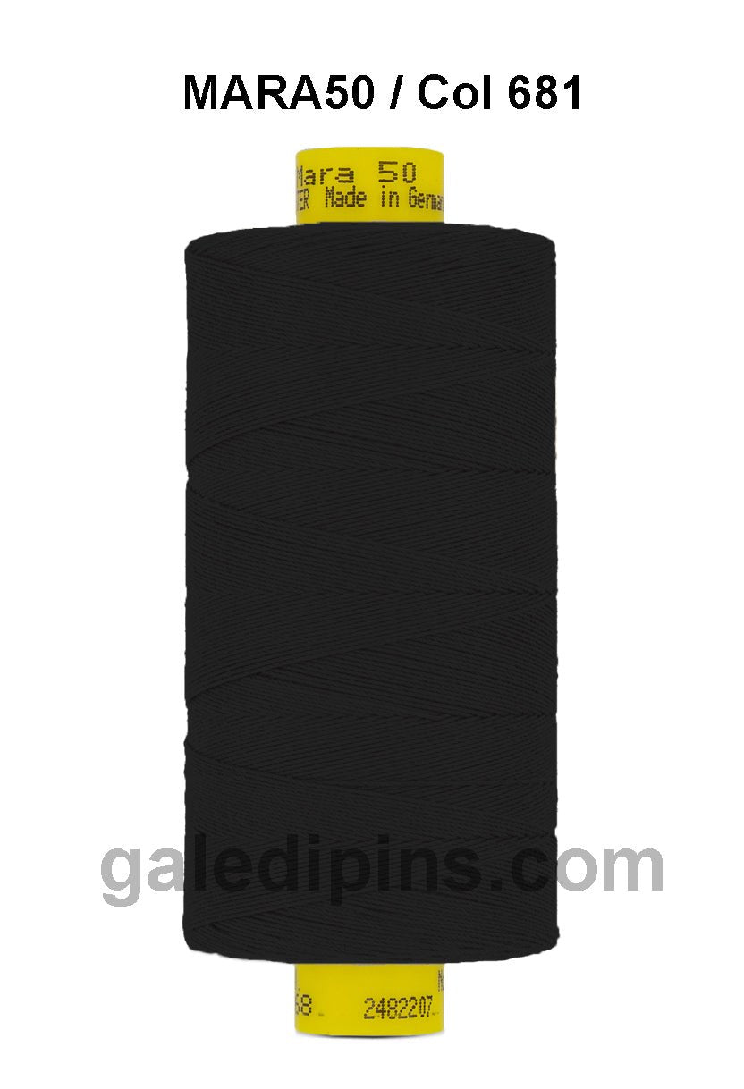 Gutermann Mara 50 black polyester thread on a spool.