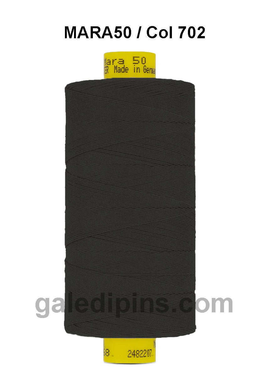 Gutermann Mara 50 black polyester sewing thread on a spool.