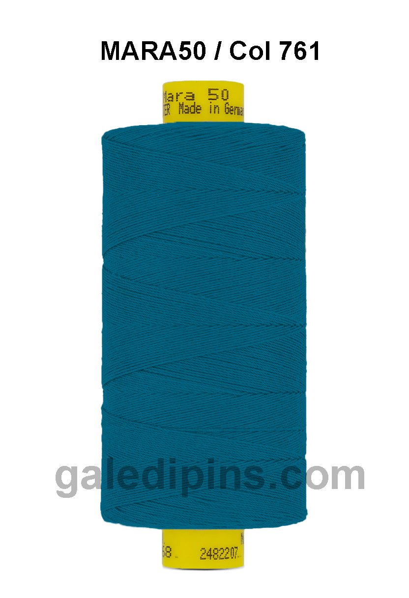 Teal Gutermann Mara 50 polyester sewing thread on a spool.