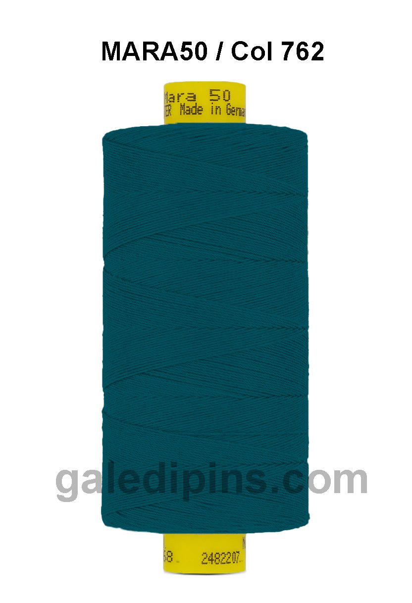 Teal Mara 50 thread on a spool with text labels.