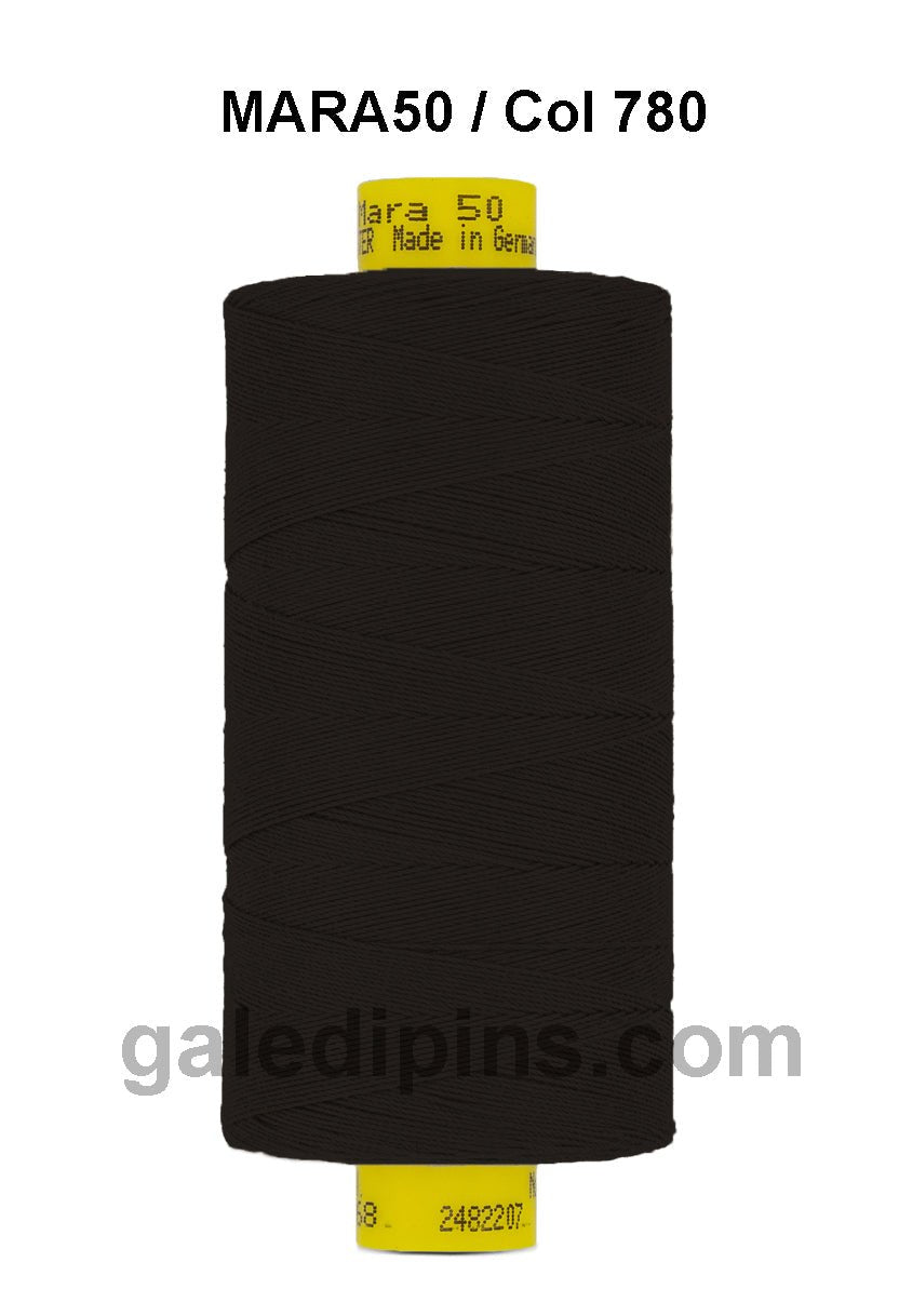Gutermann Mara 50 black polyester thread on a spool.