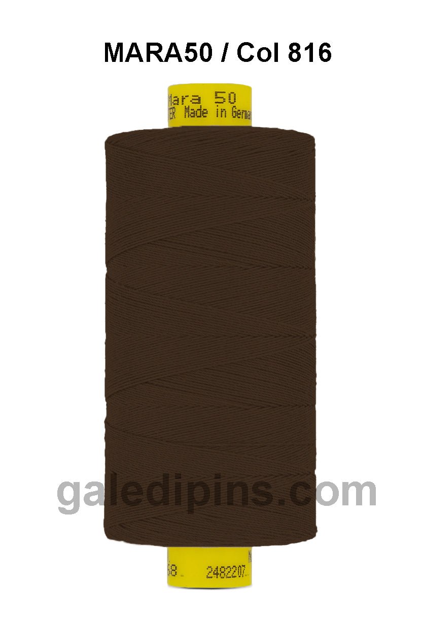 Brown Gutermann Mara 50 polyester thread on a spool.