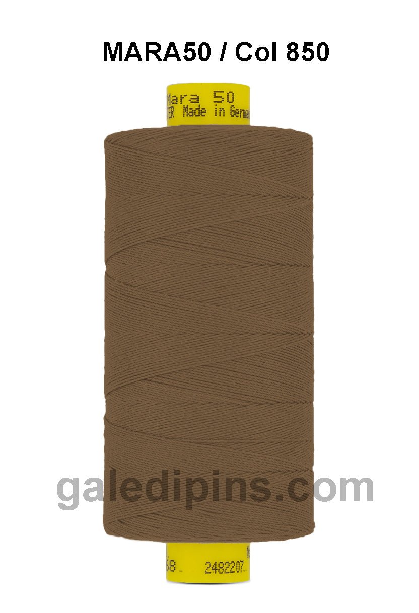 Brown Gutermann Mara 50 polyester sewing thread on a spool.