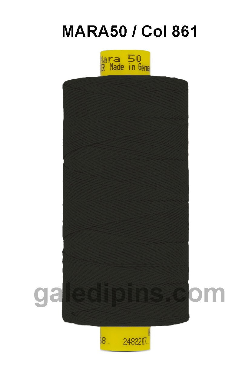 Gutermann Mara 50 black polyester thread on a spool.