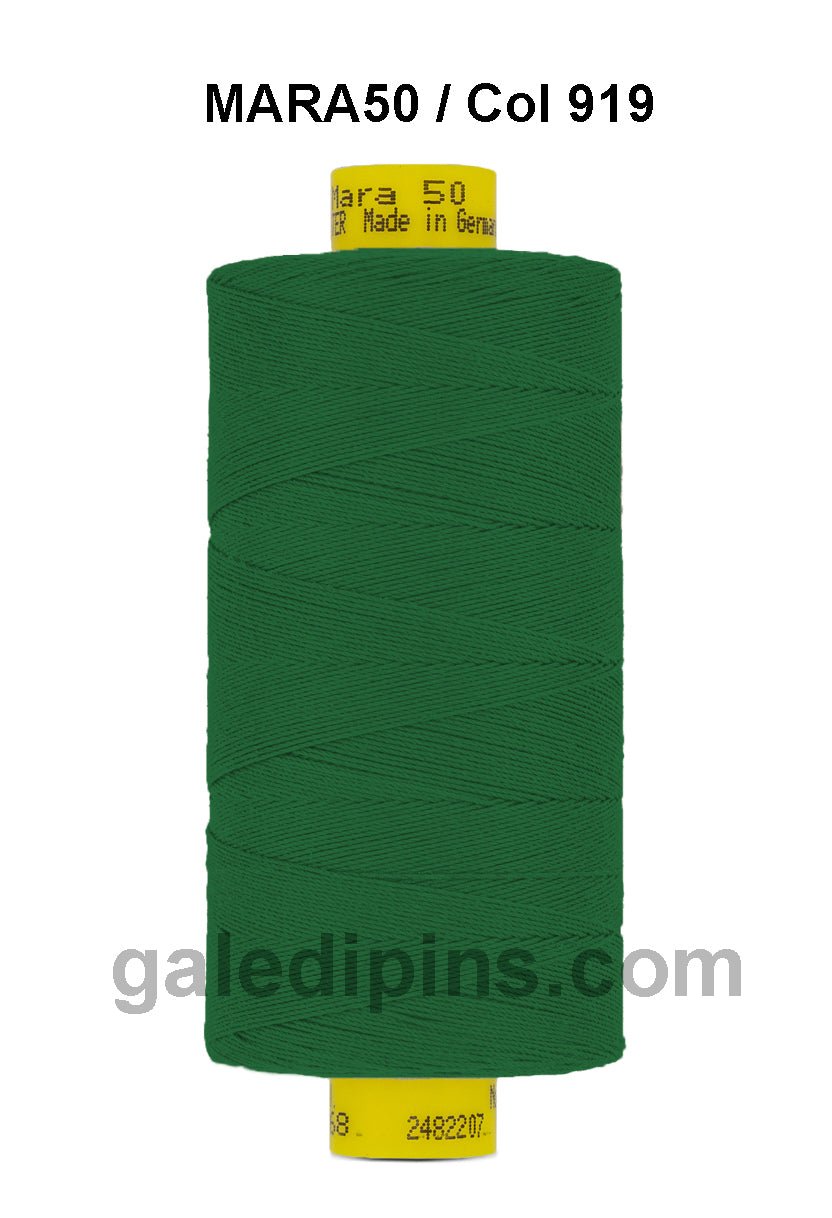 A spool of dark green Gutermann Mara 50 thread.