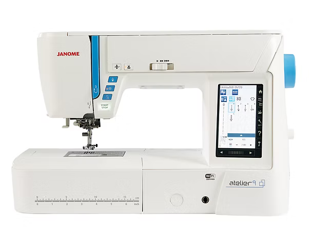 Janome Atelier 9 sewing and embroidery machine with a touchscreen and WiFi.