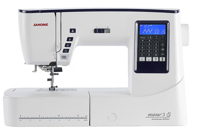 Janome Atelier 3 Anniversary Edition computerized sewing machine with digital display.