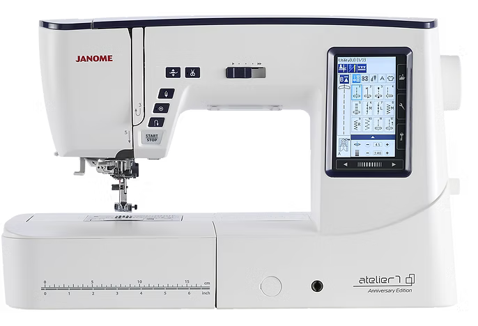 Janome Atelier 7 Anniversary Edition computerized sewing machine with color LCD screen.