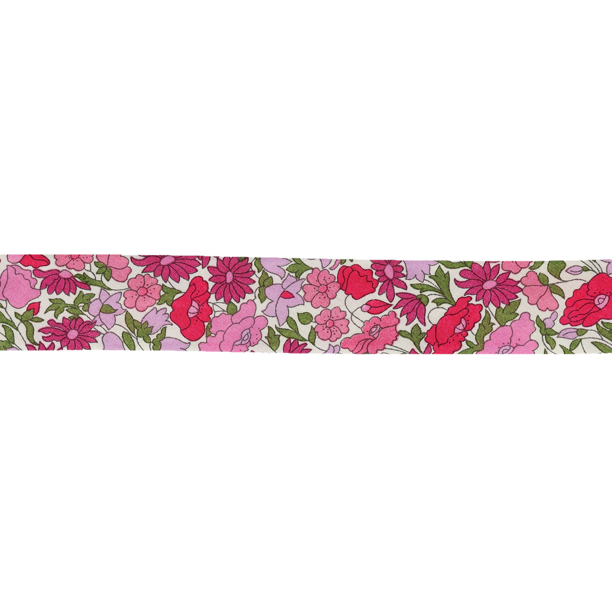 Liberty print bias binding with pink and red floral pattern on a white background.