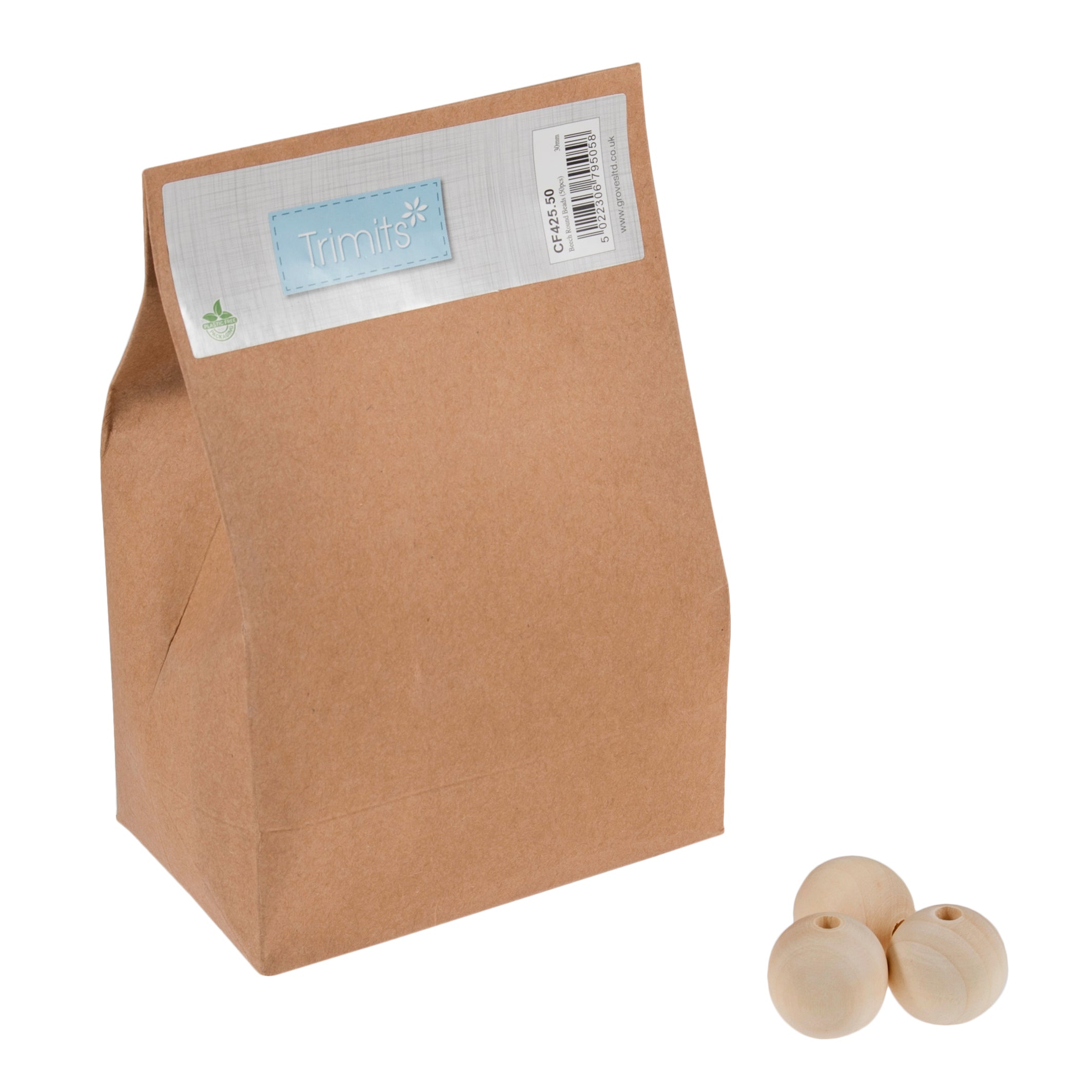 A brown paper bag of fifty 3cm round wooden beads with three loose beads shown alongside.