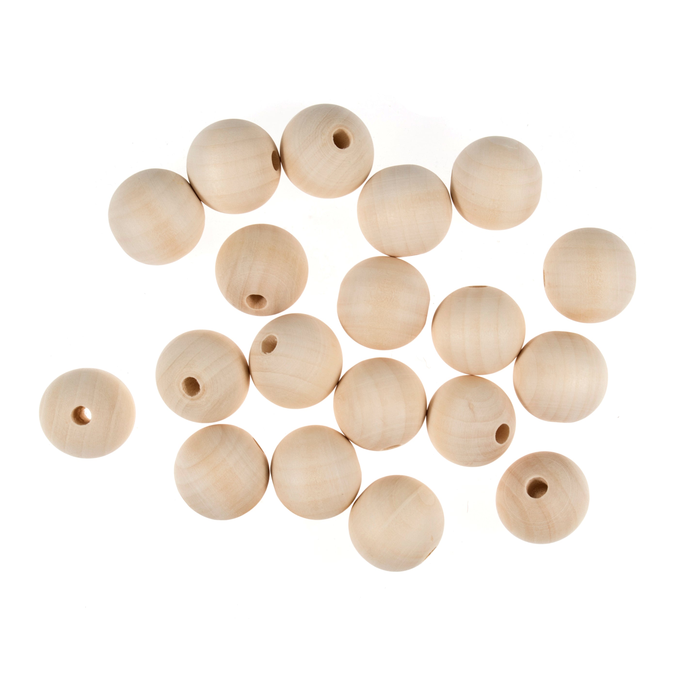 A collection of smooth, round 3cm wooden beads with 5mm center holes on a white background.