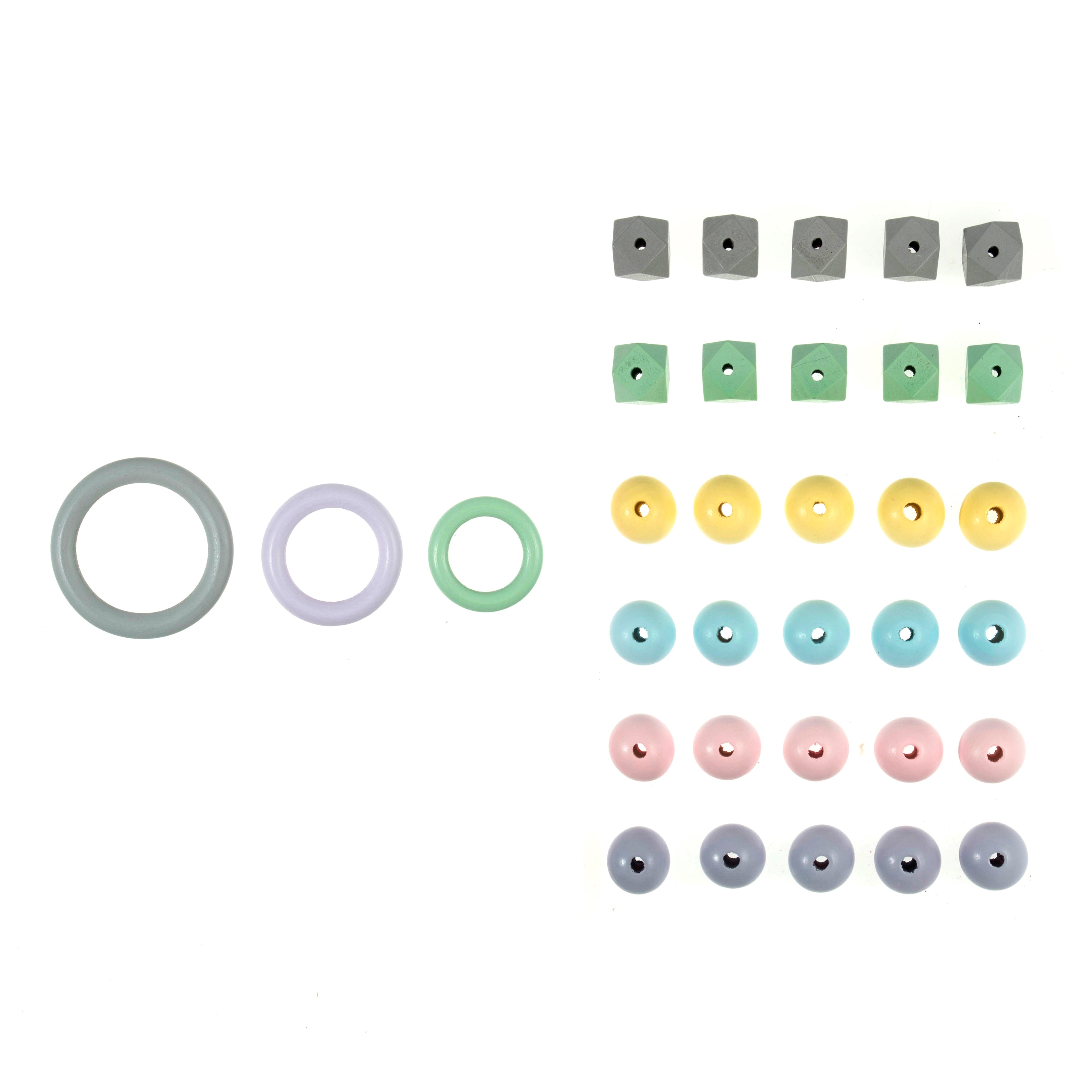 Assorted pastel wooden craft pack with three rings, ten geometric beads, and twenty round beads.