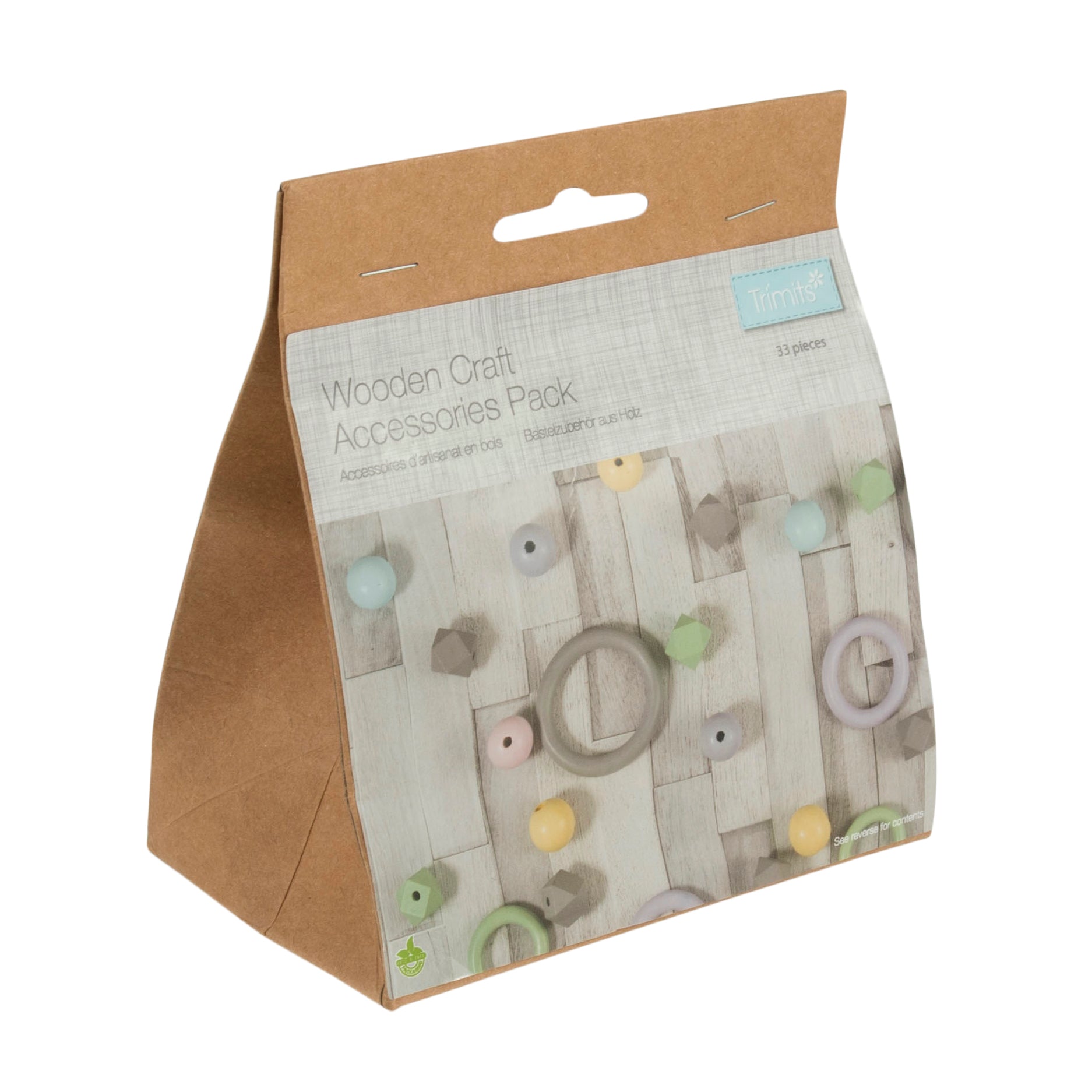 A 33-piece pack of assorted pastel wooden craft beads and rings in plastic-free paper packaging.