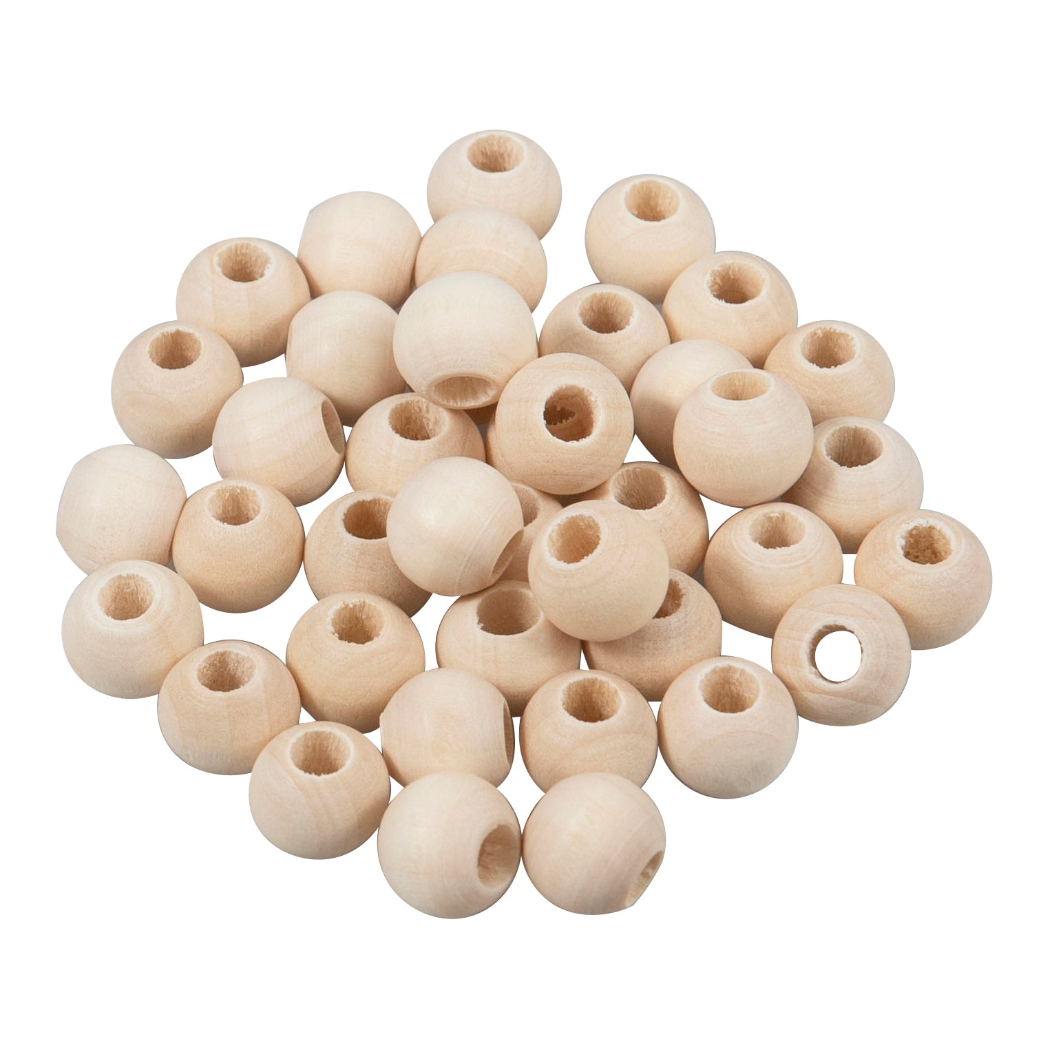 A pile of smooth, natural-colored round wooden beads with pre-drilled center holes.