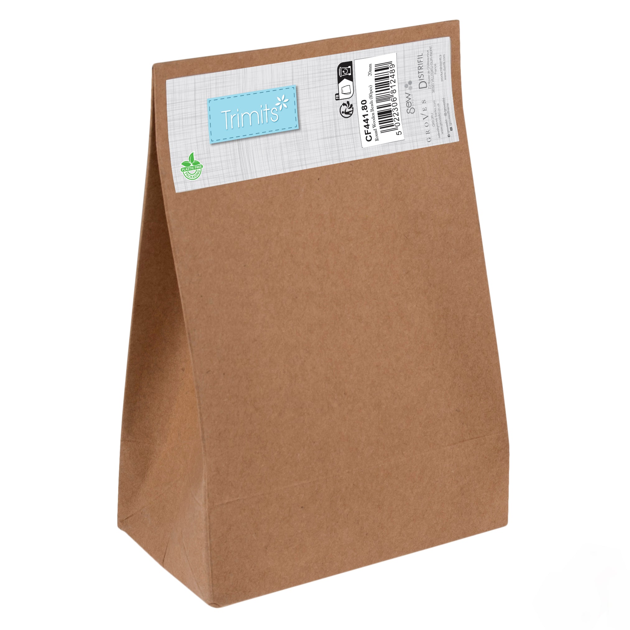 A brown paper bag containing 80 pieces of 20mm wooden beads with a Trimits brand label.