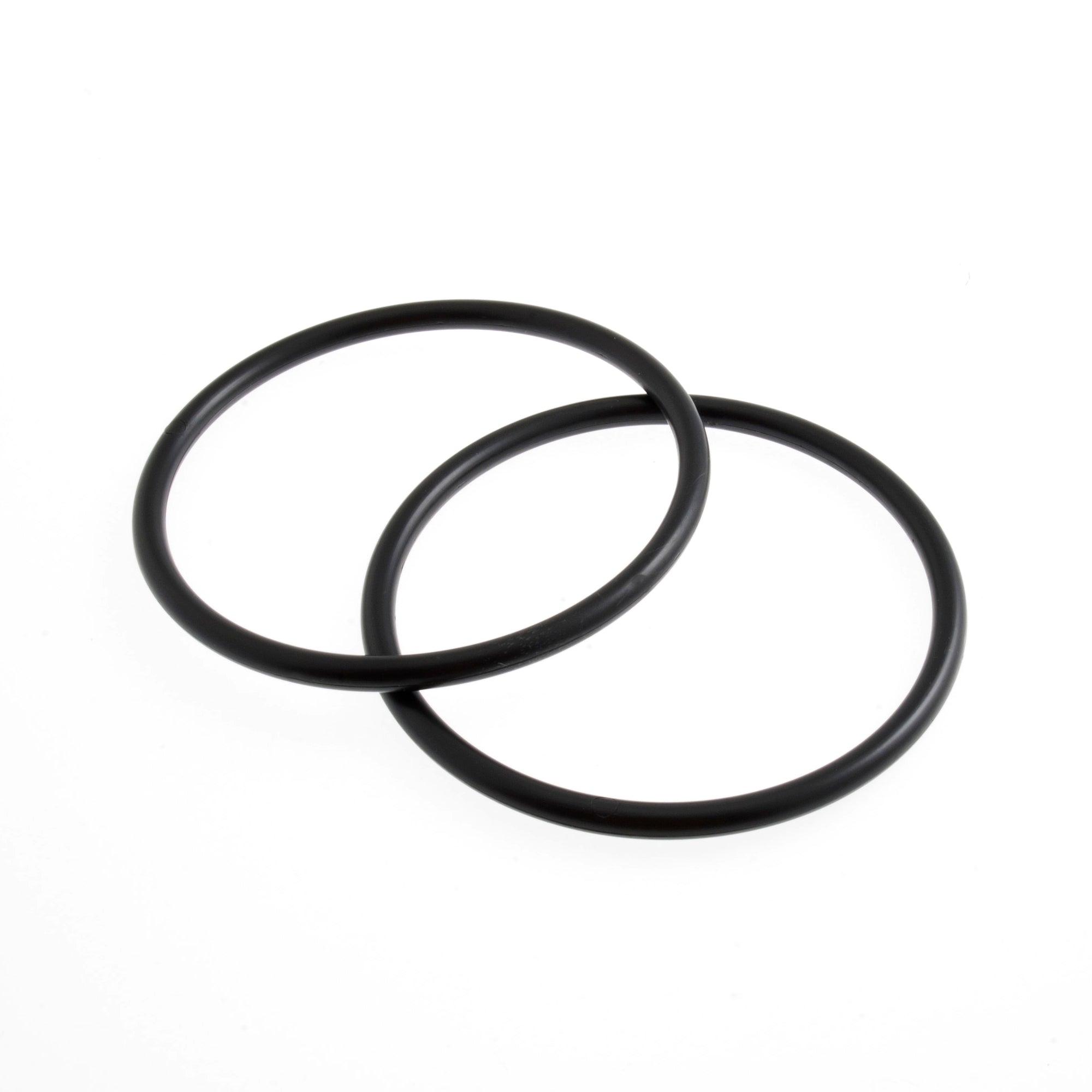 Two black, round plastic bag handles with a 13cm diameter shown on a white background.