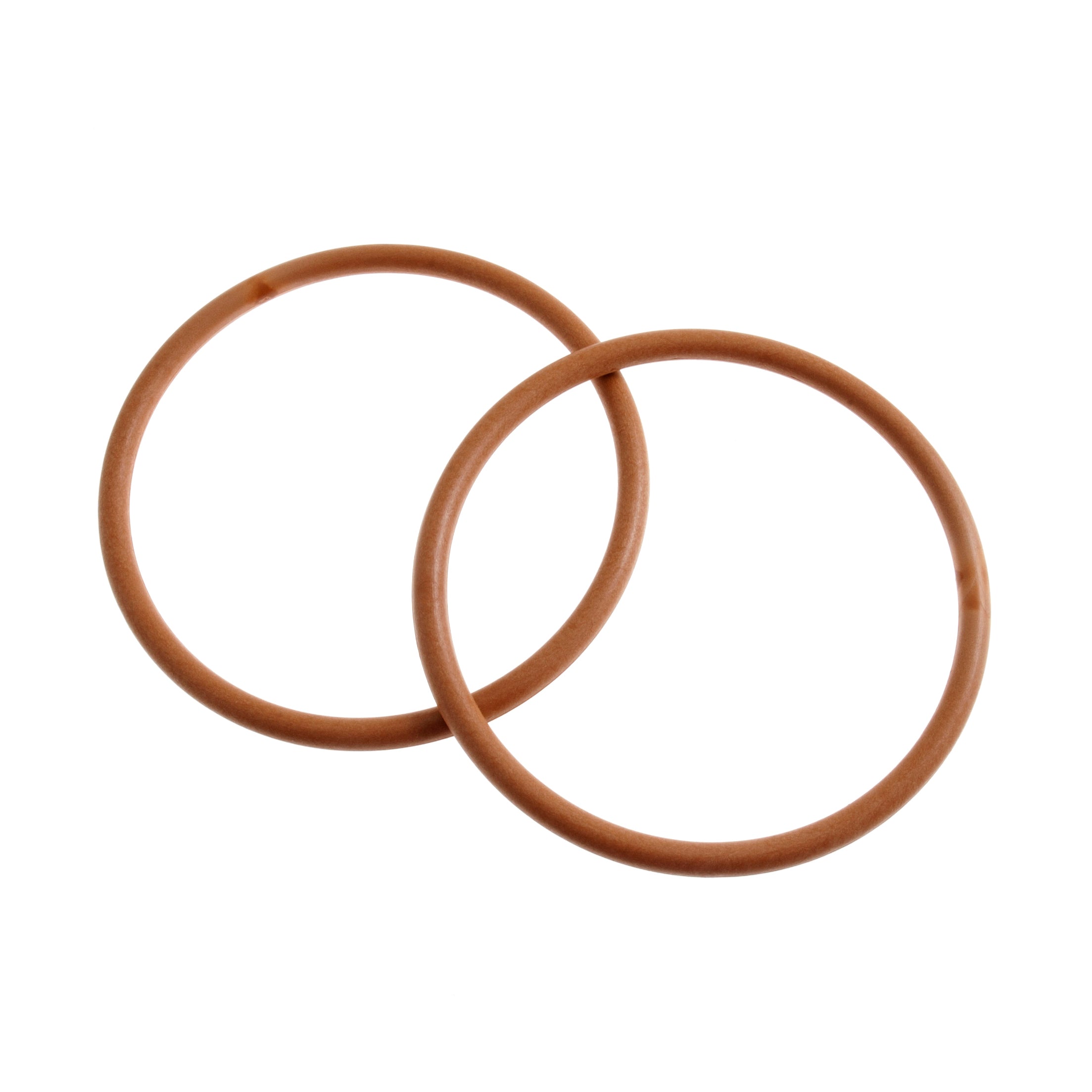 Two round, brown plastic bag handles with a 13cm diameter shown against a white background.
