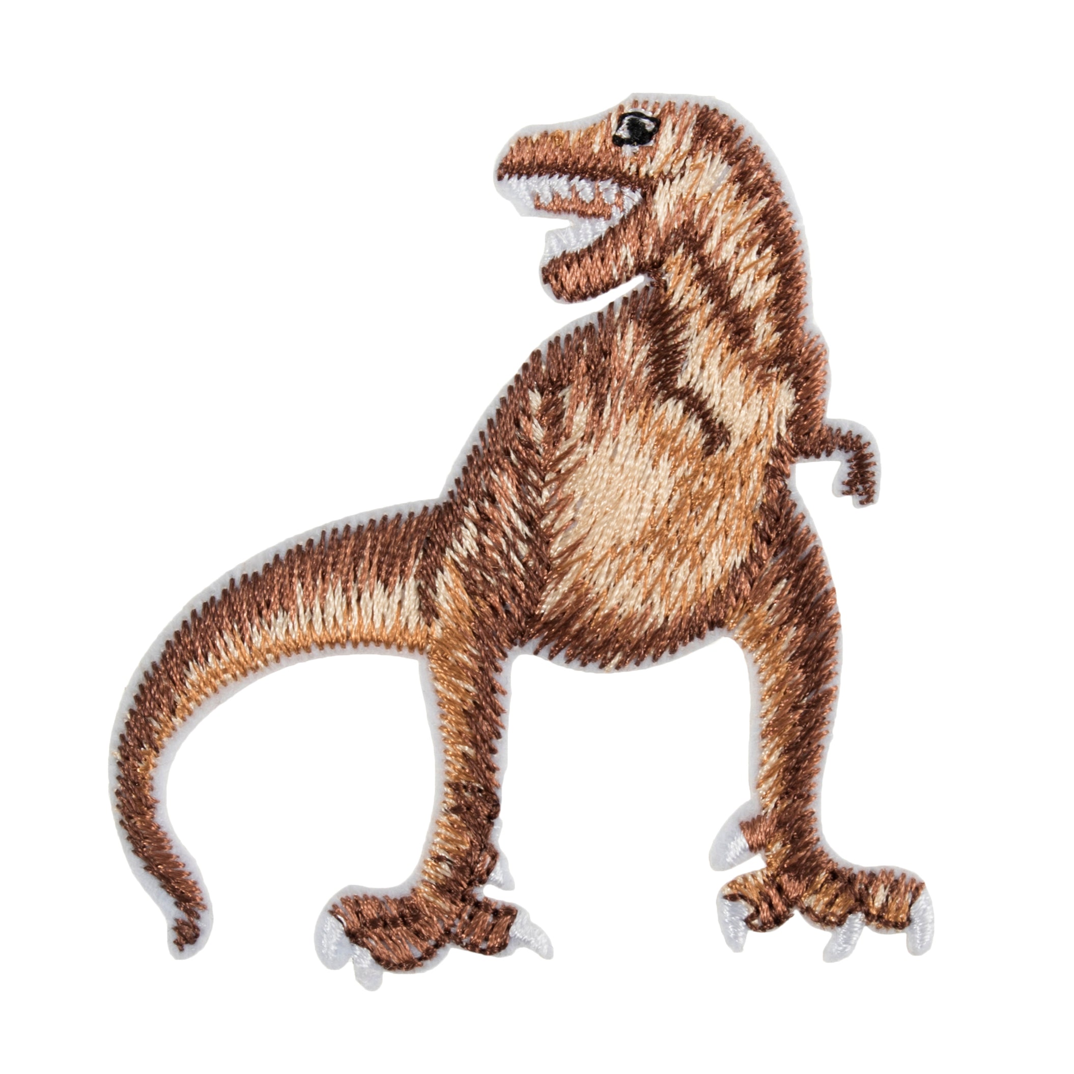 Embroidered T-Rex dinosaur iron-on patch in shades of brown and tan with white border.