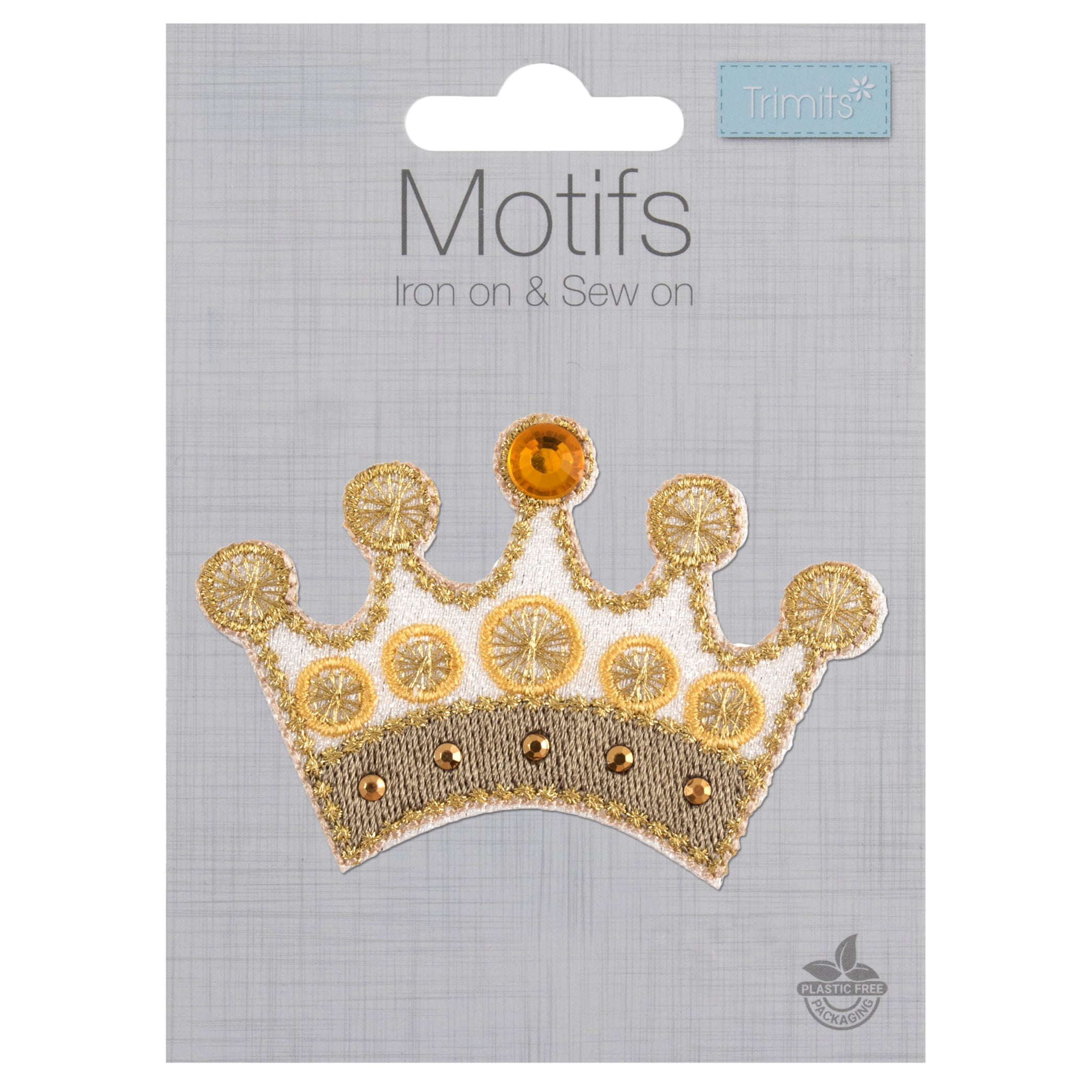 A gold crown motif patch with gems and embroidery, suitable for iron-on or sew-on application.