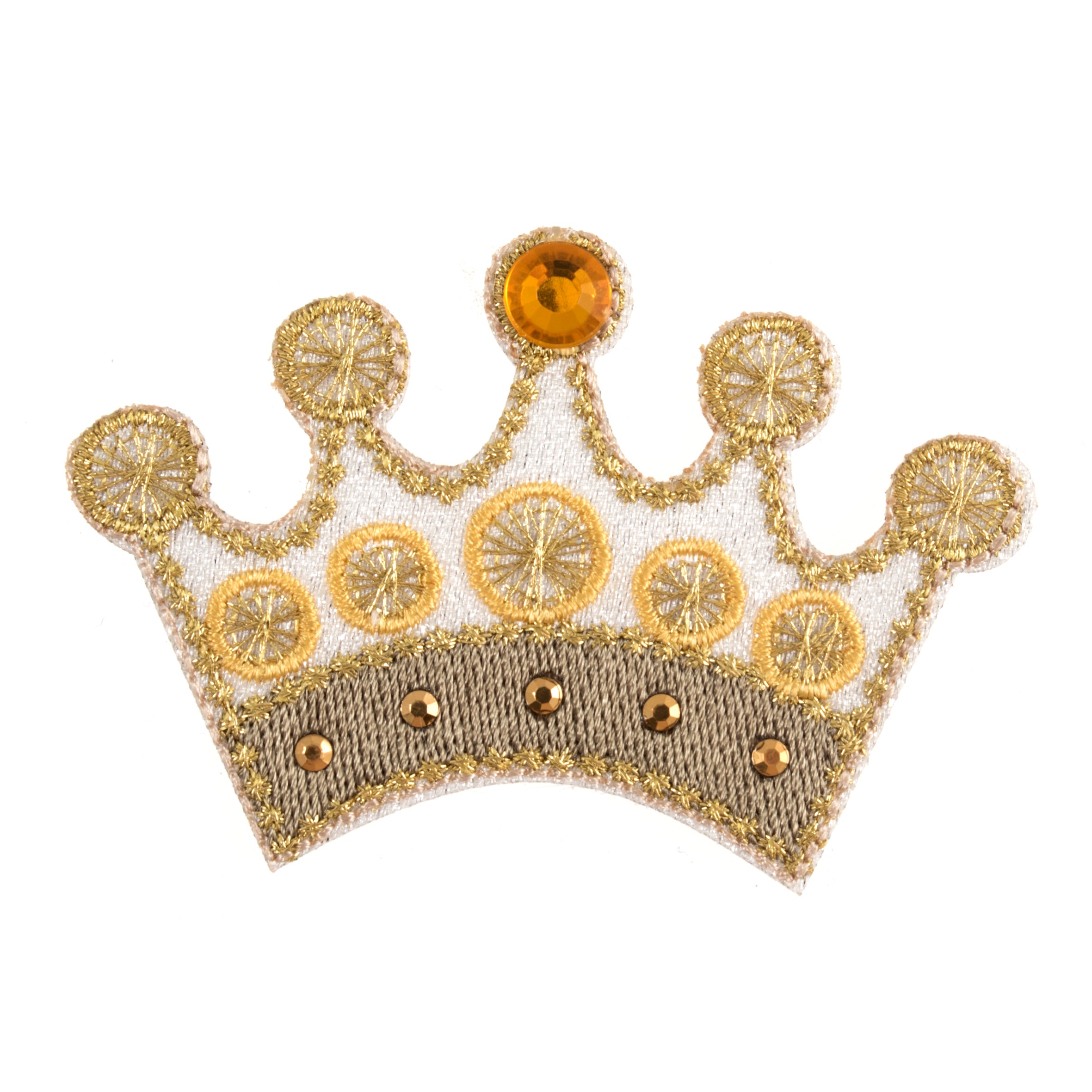 Gold crown patch with amber gem and gold embroidery.