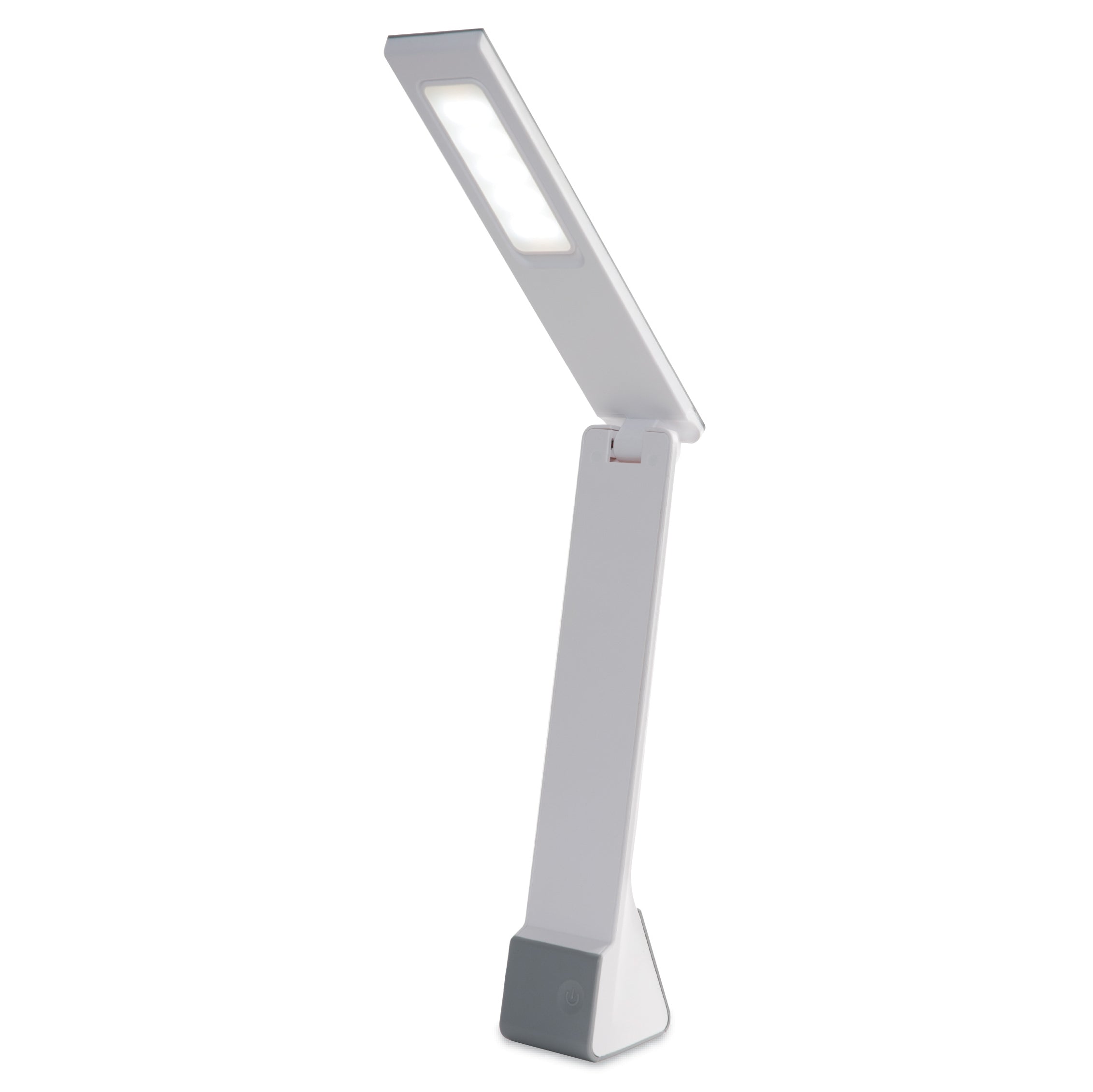 White rechargeable LED desk lamp with a foldable arm and touch-sensitive power button.