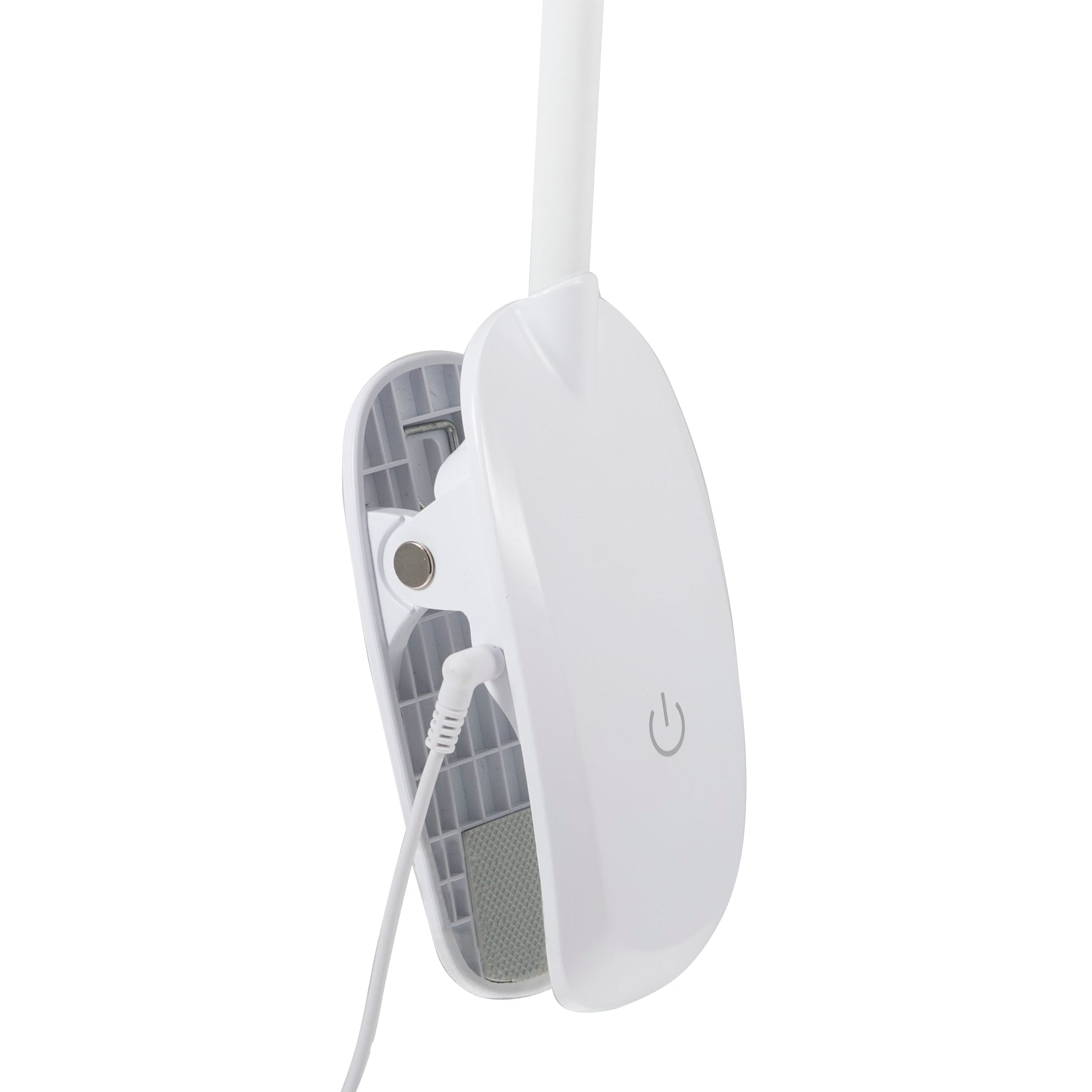 White clip-on LED magnifier base with a touch power button and USB charging cable.