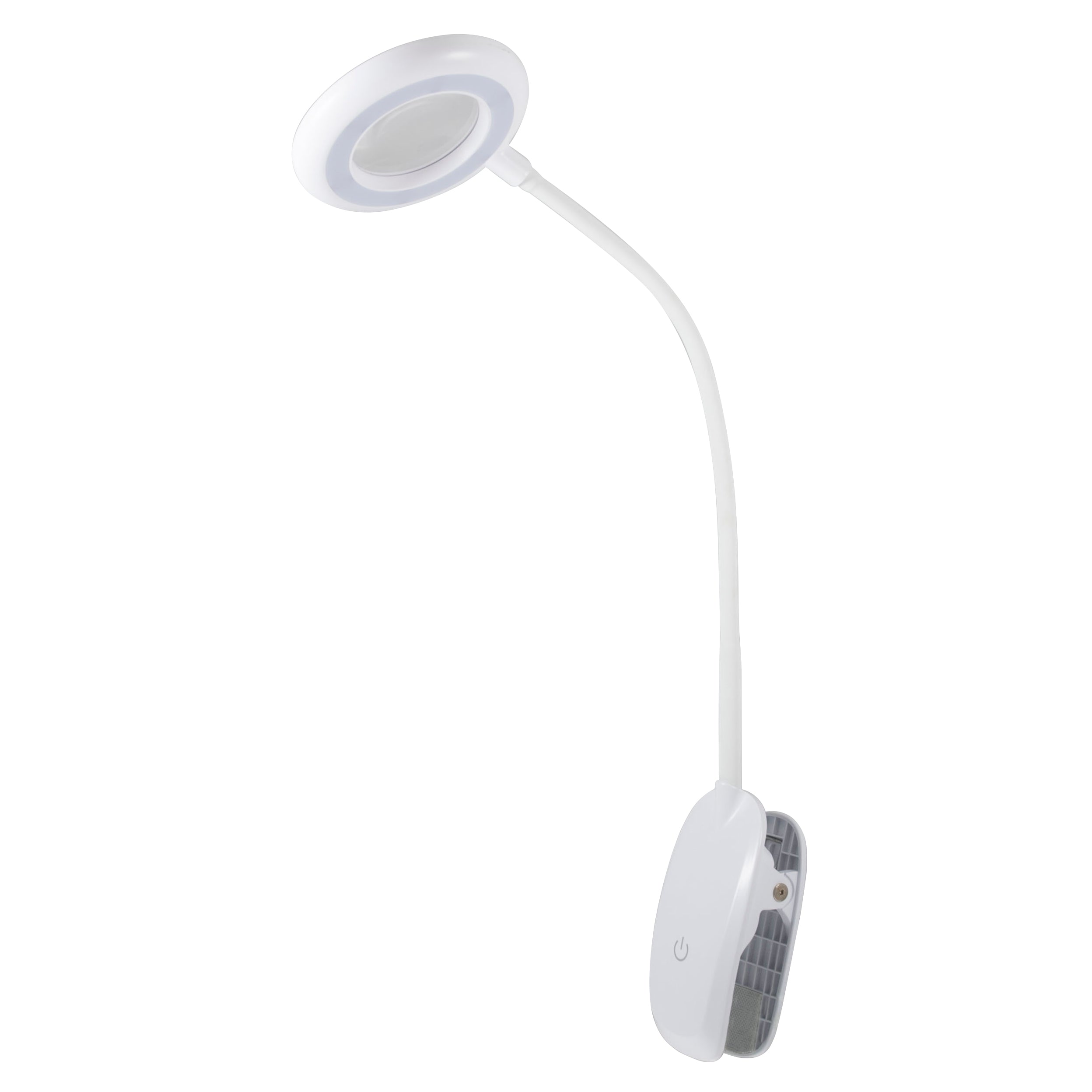 White clip-on LED magnifier with a flexible neck and touch-sensitive power button.