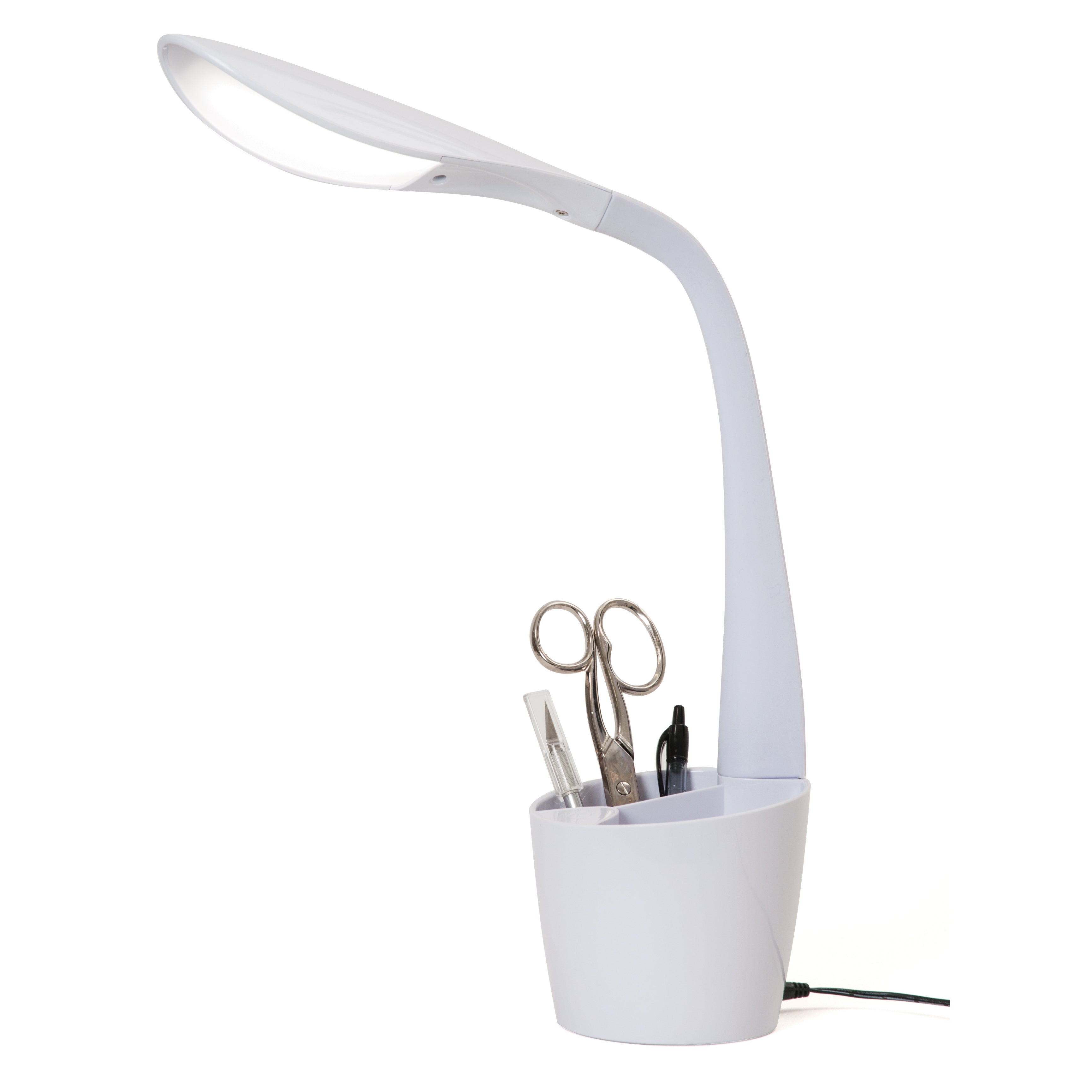 White LED professional hobby lamp with a flexible arm and integrated accessory storage pot.