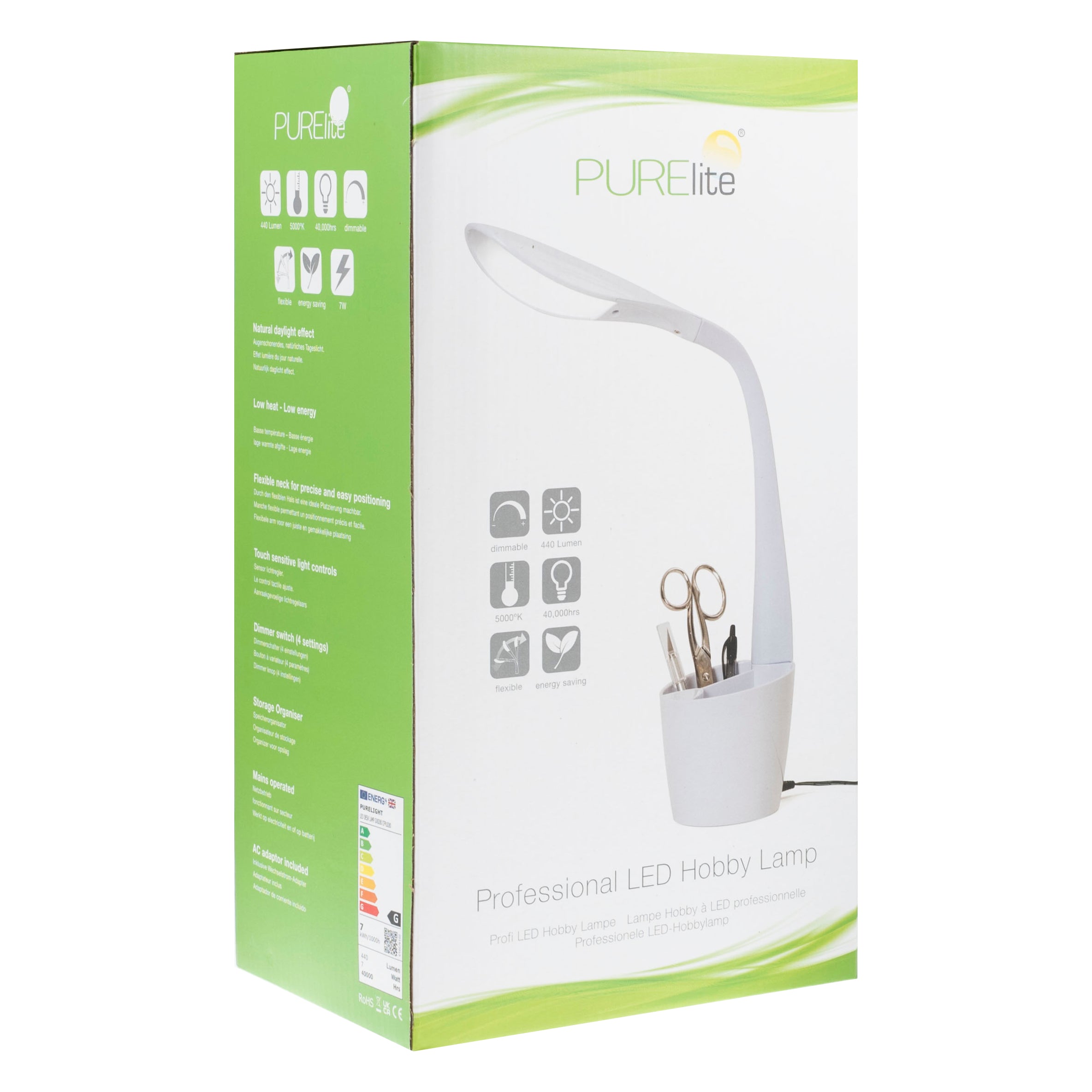 Professional LED hobby lamp with a flexible neck and built-in storage organizer in its white base.