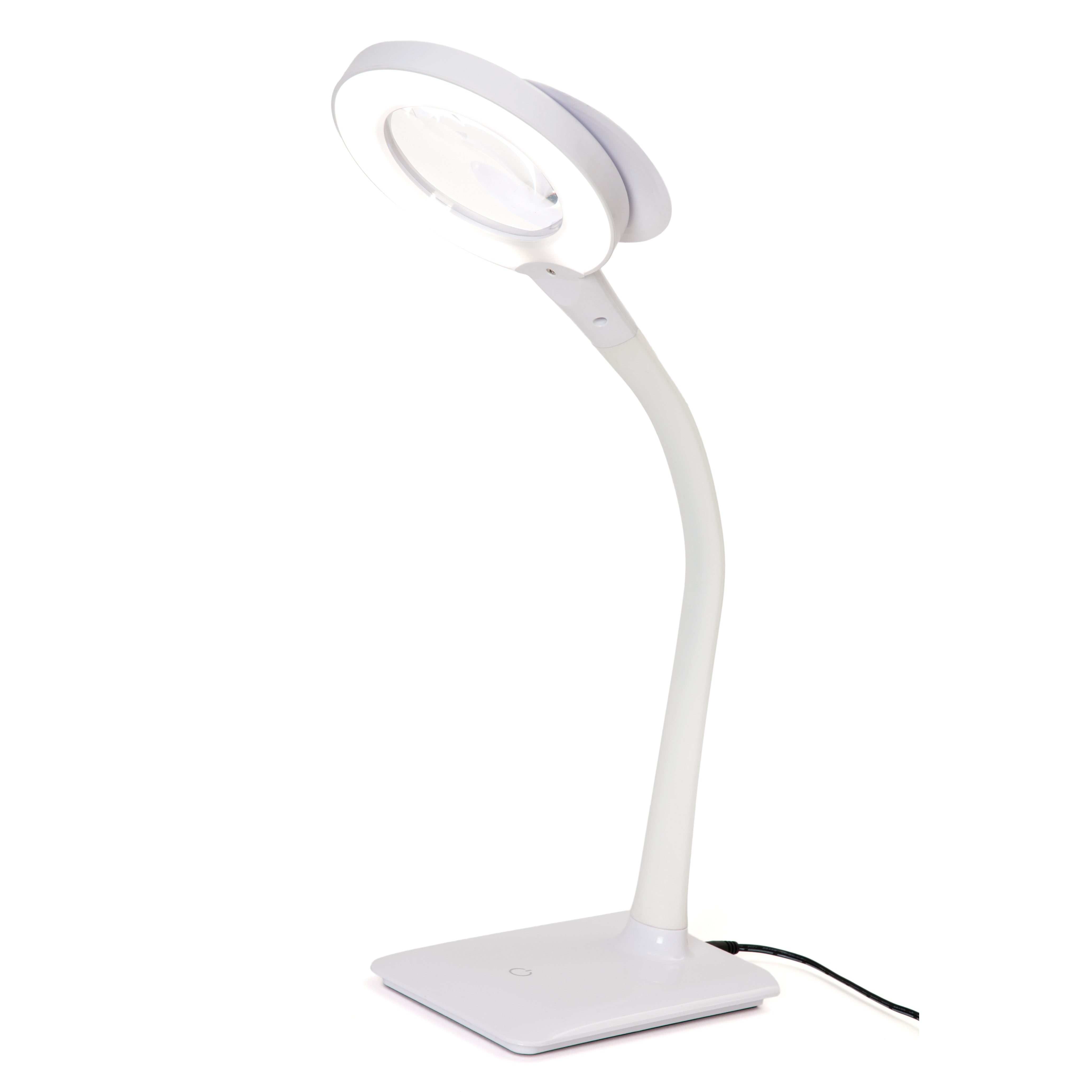 White LED desk magnifying lamp with a flexible neck, square base, and circular light head.