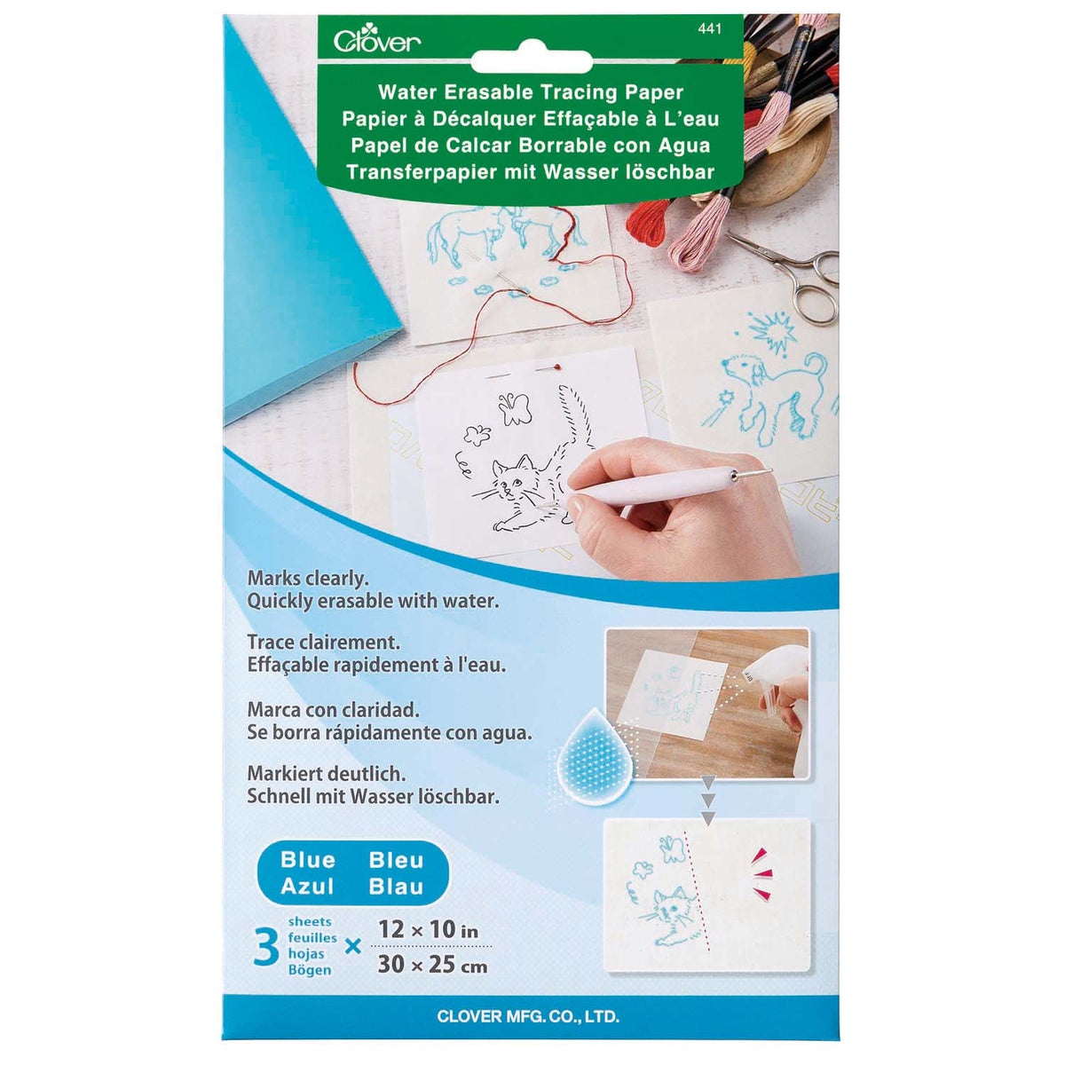Clover Water Erasable Tracing Paper packaging showing 3 blue sheets, 12 x 10 inches.