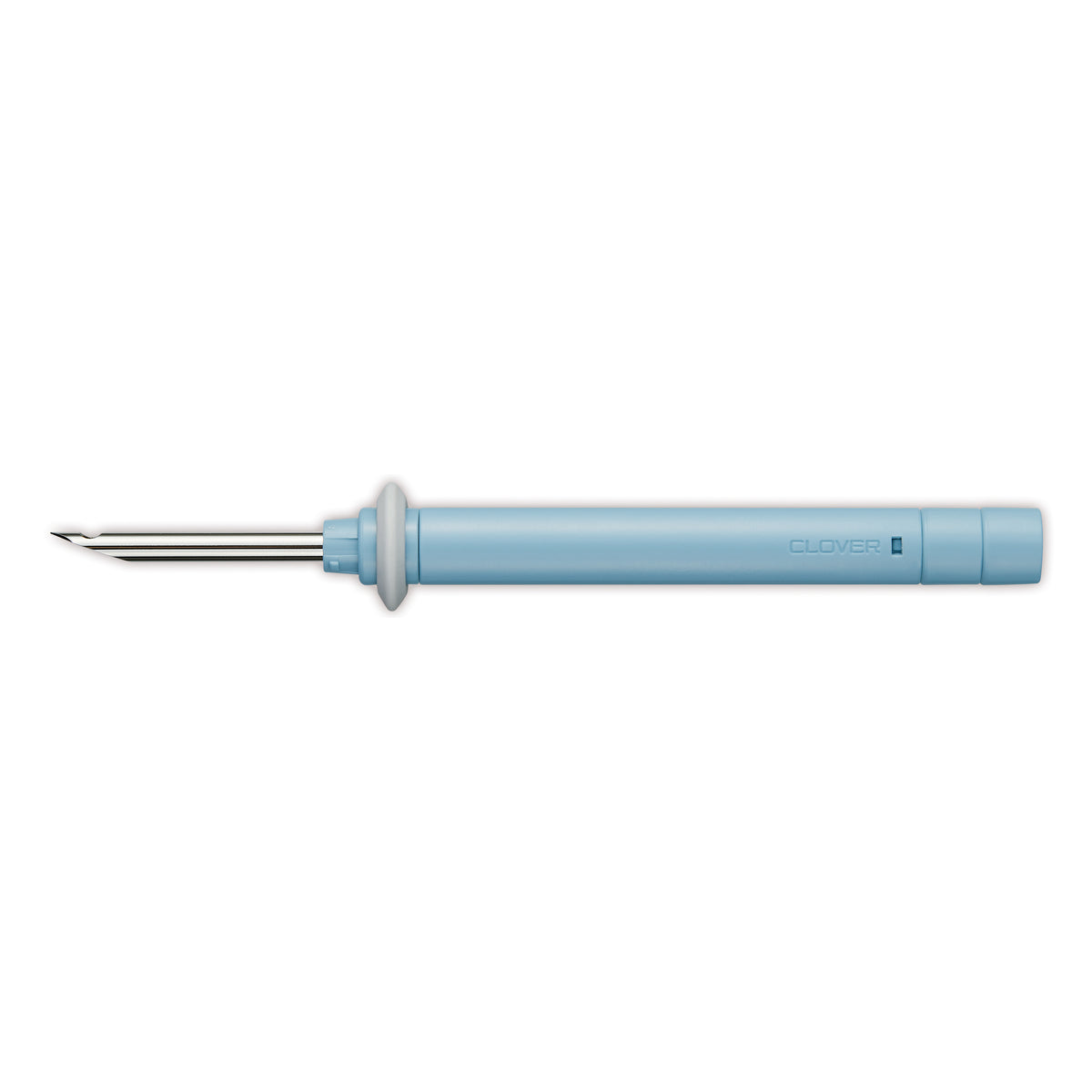 Clover Punch Needle tool with a light blue handle and adjustable metal needle tip.