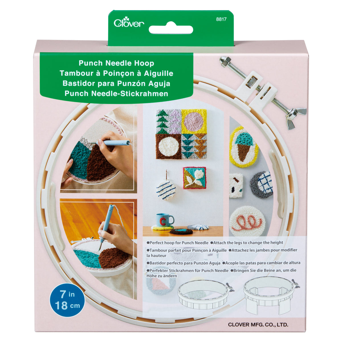 Clover Punch Needle Hoop in 7 inch (18 cm) size, featuring a white frame and adjustable height legs.