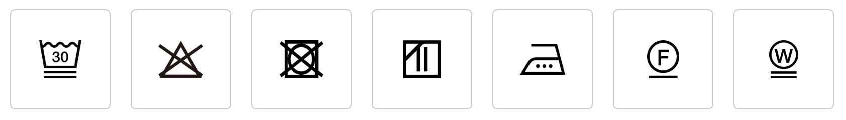 Laundry care symbols including wash temperature, bleach, drying, ironing, and dry cleaning.