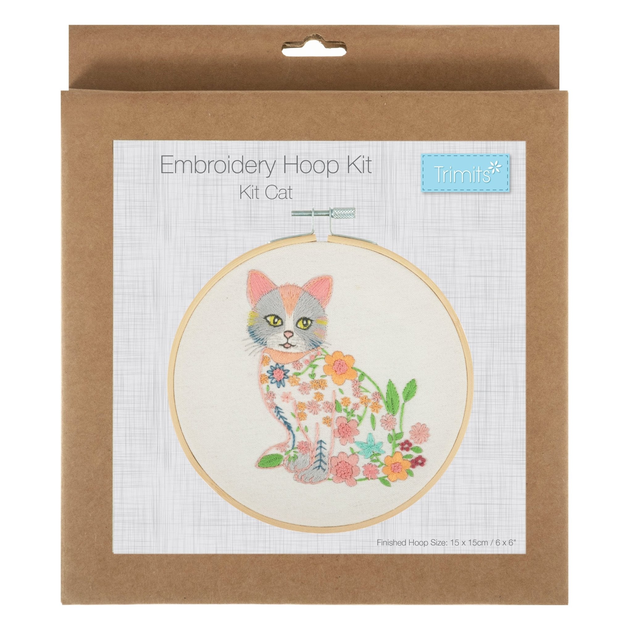 Embroidery hoop kit with a cat design and floral accents.