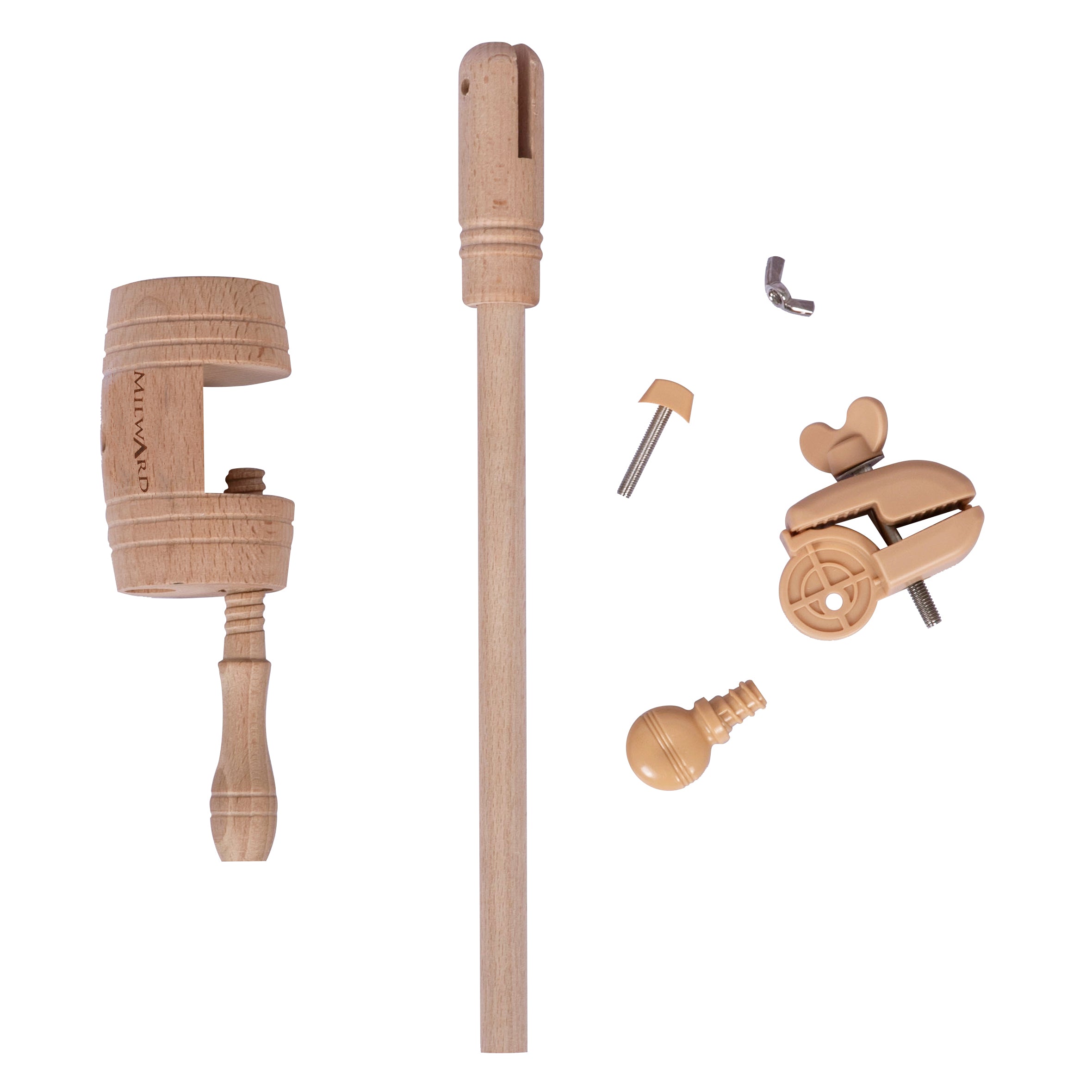 Milward beech wood table clamp components including stand, stem, and adjustable clamp parts.