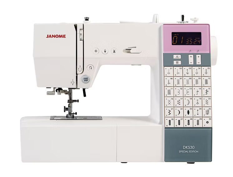 Janome DKS30 SE computerized sewing machine with digital display and stitch selection.